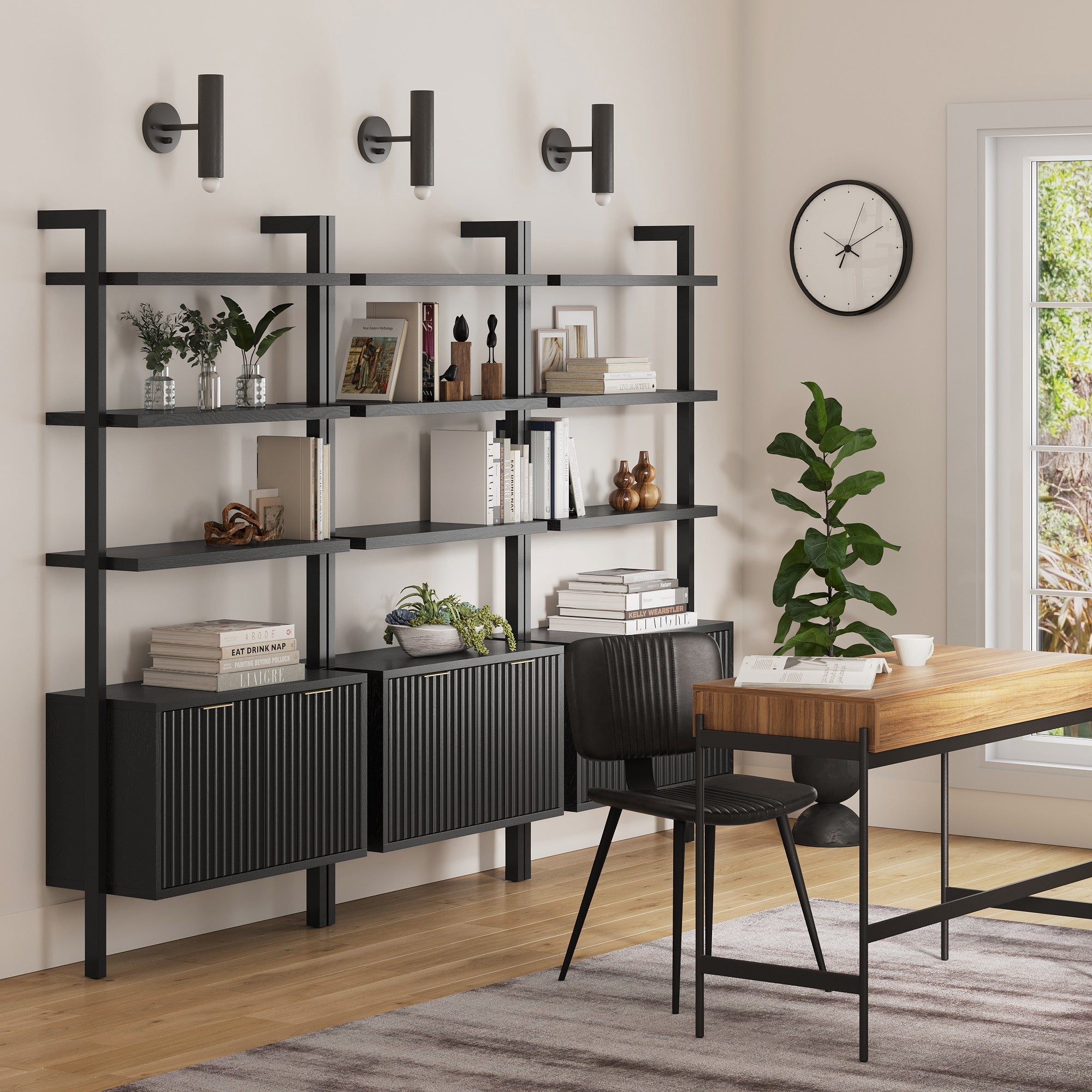 Mid-Century Fluted Wall Bookshelves with Doors