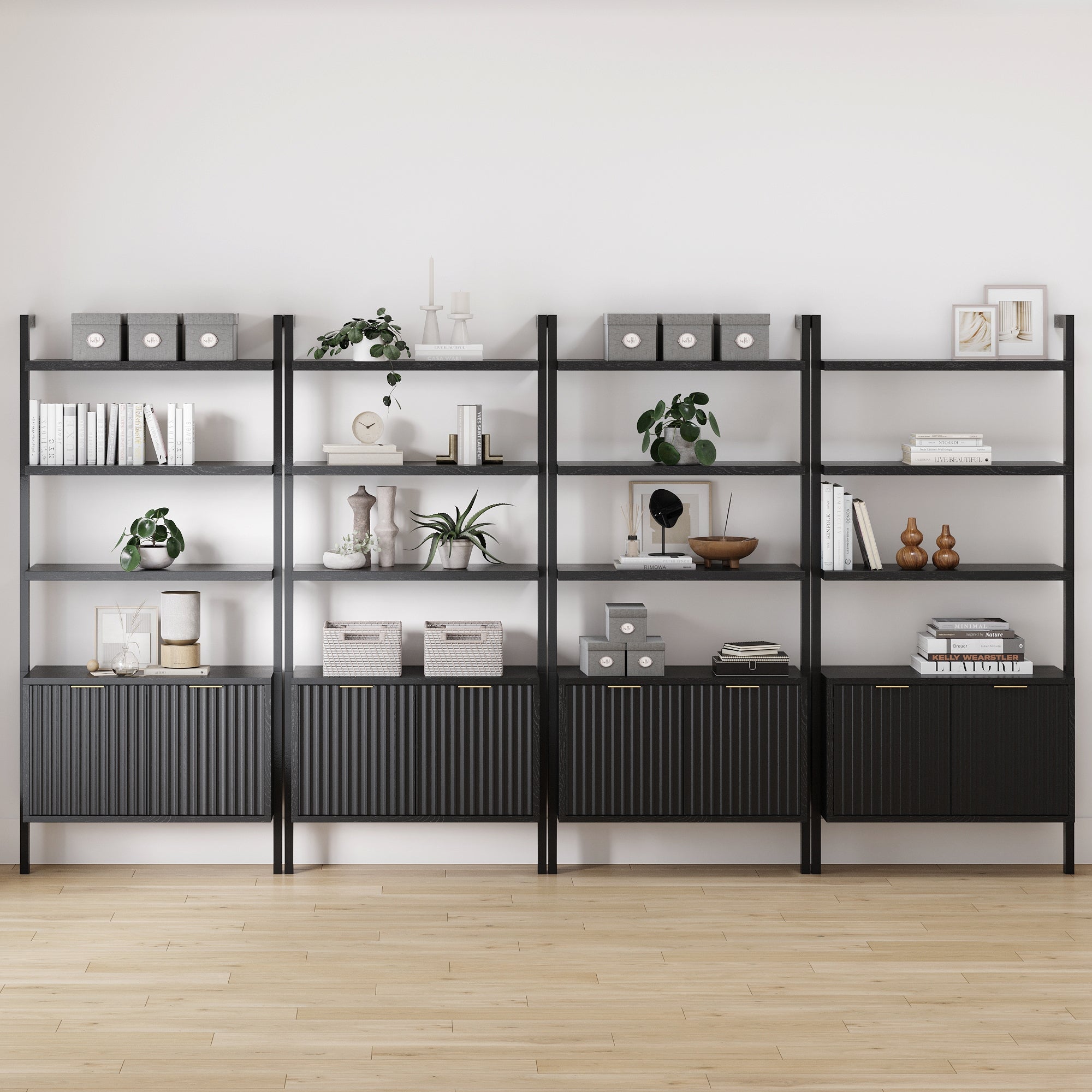 Mid-Century Fluted Wall Bookshelves with Doors