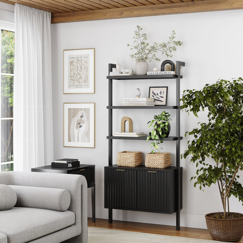 Mid-Century Fluted Wall Bookshelf with Doors