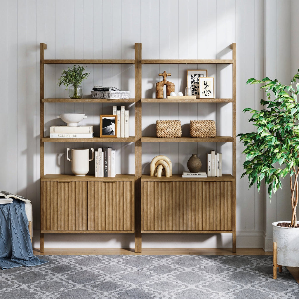 Mid-Century Fluted Wall Bookshelves with Doors