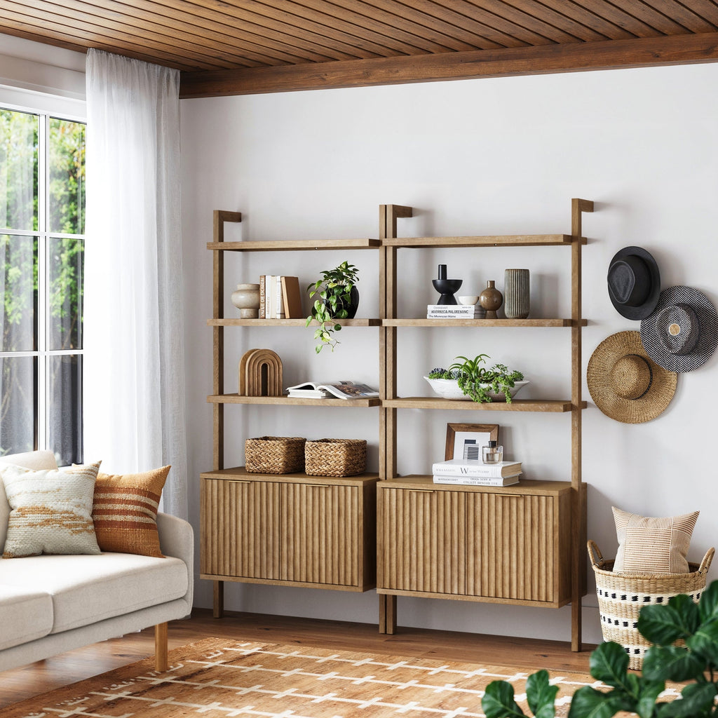 Mid-Century Fluted Wall Bookshelves with Doors
