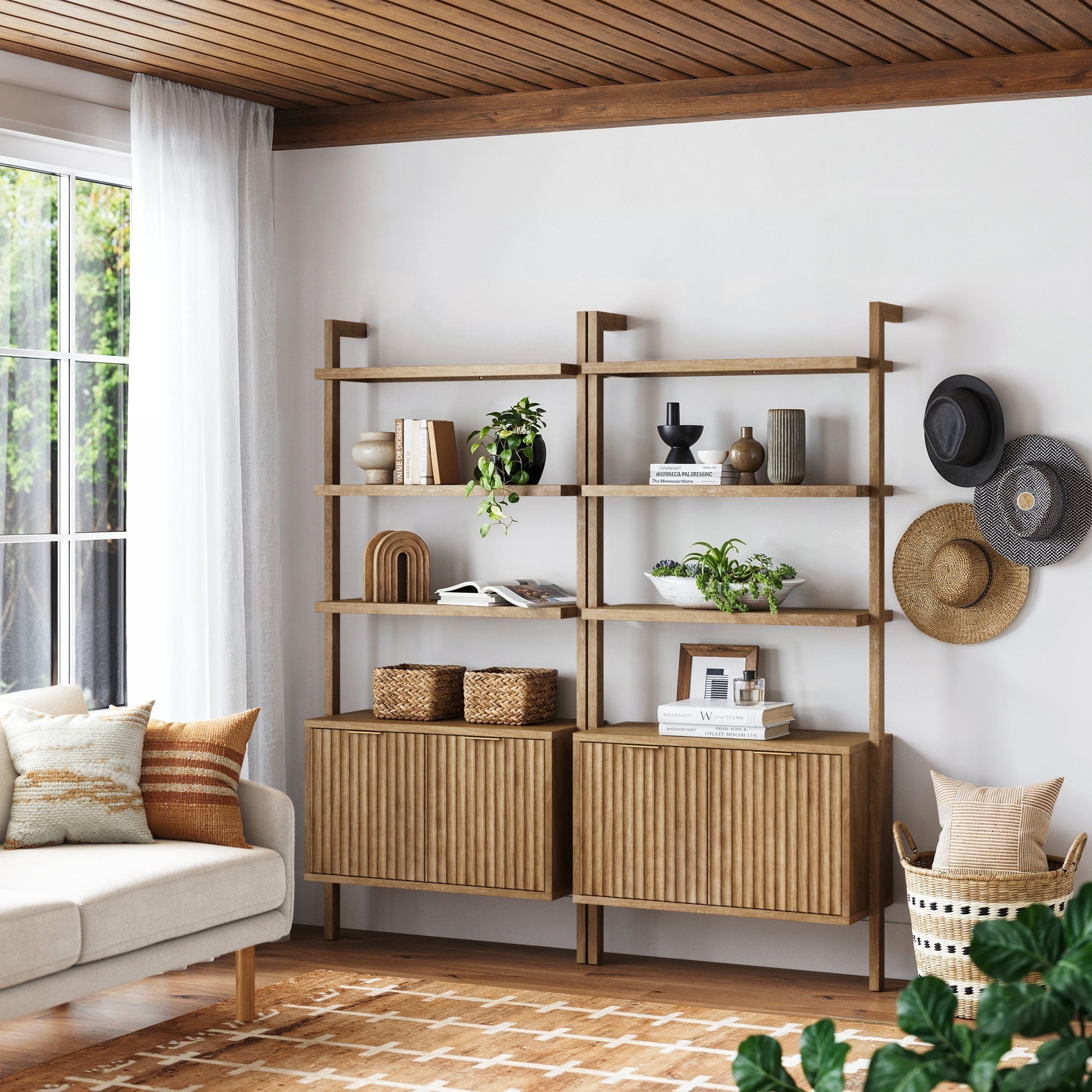 Mid-Century Fluted Wall Bookshelves with Doors
