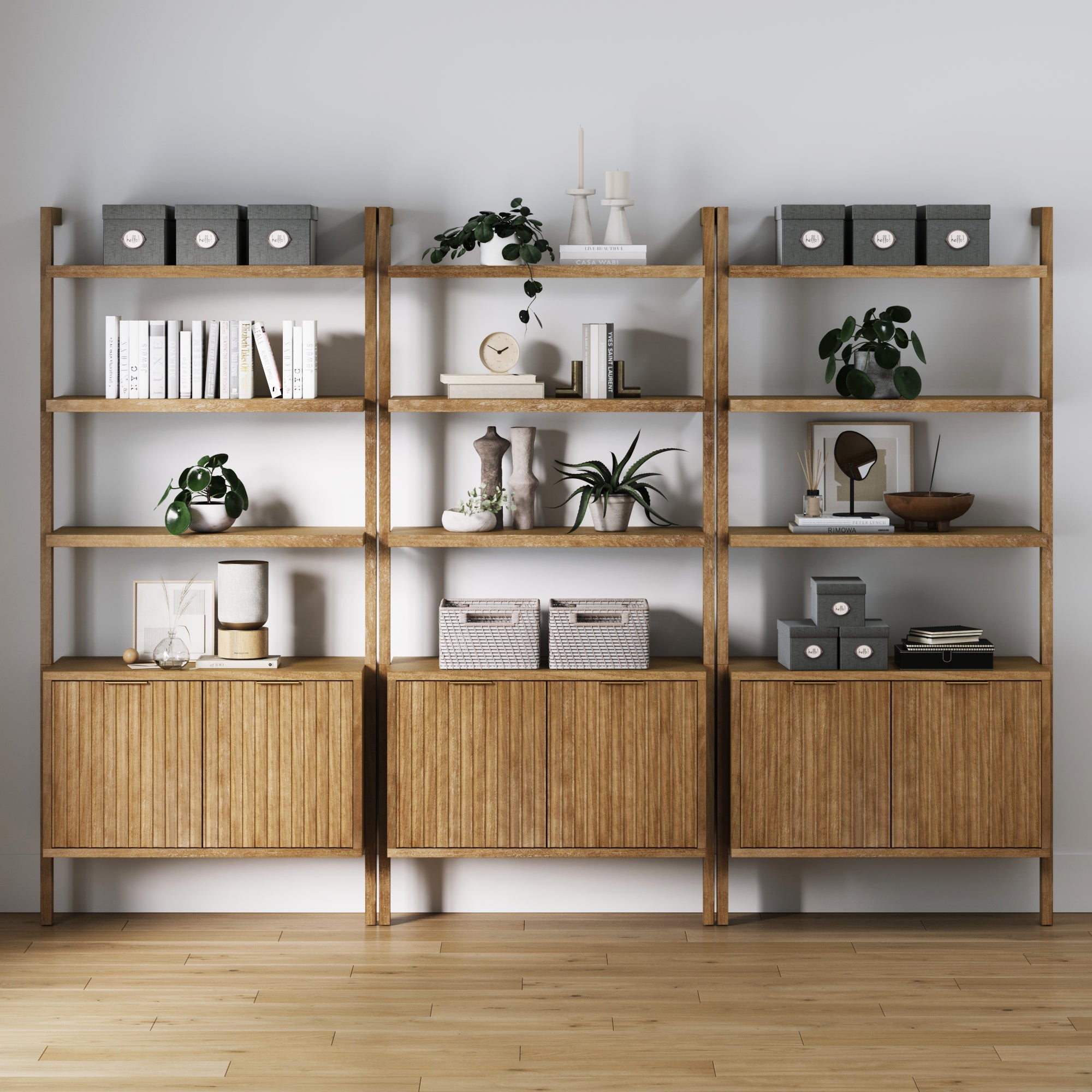 Mid-Century Fluted Wall Bookshelves with Doors