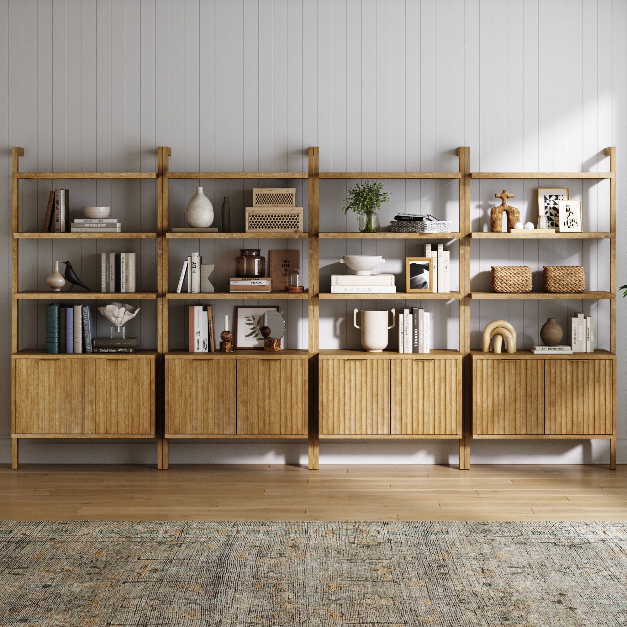 Mid-Century Fluted Wall Bookshelves with Doors