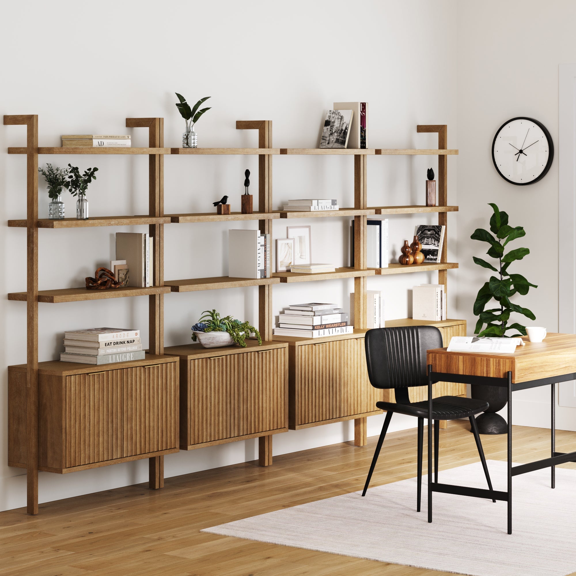 Mid-Century Fluted Wall Bookshelves with Doors