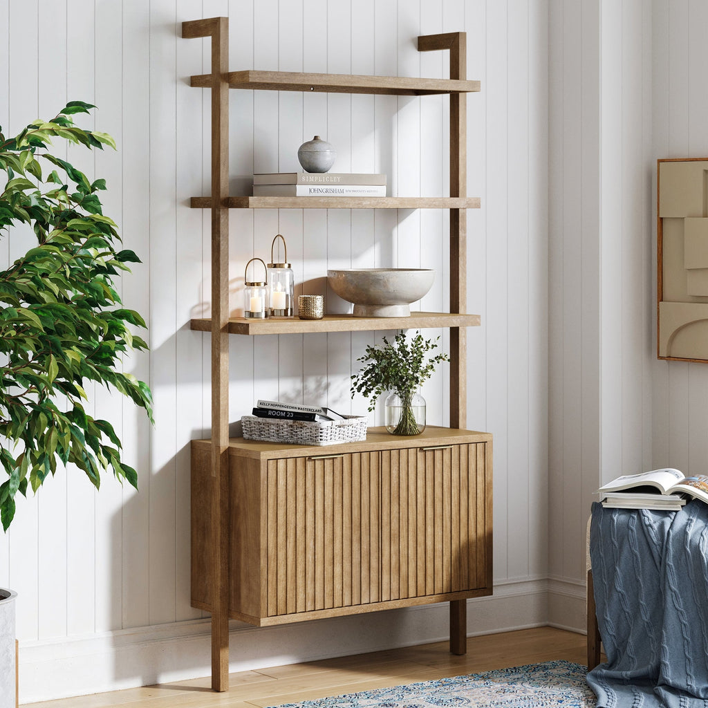 Mid-Century Fluted Wall Bookshelf with Doors