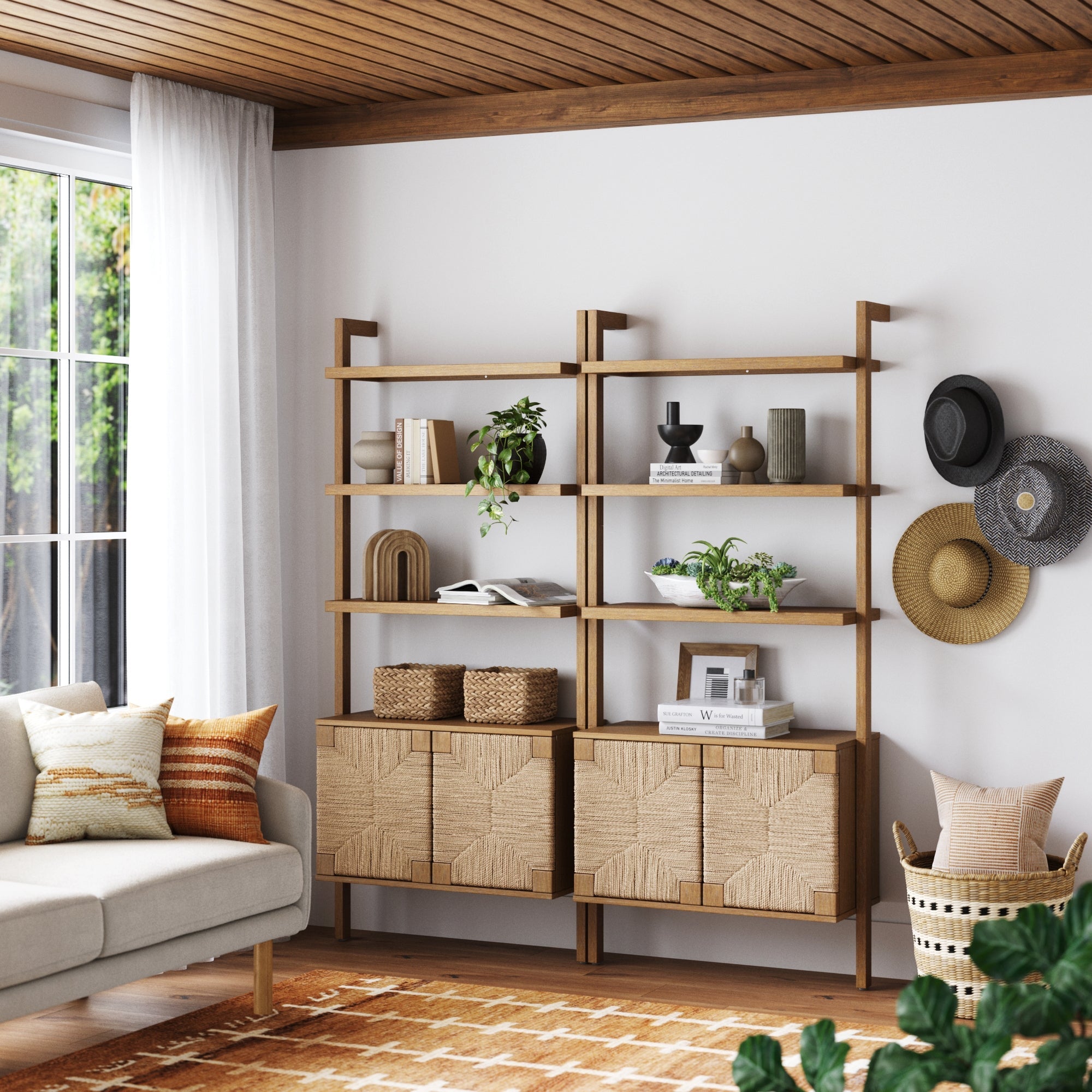 Seagrass Wall Bookshelves with Doors