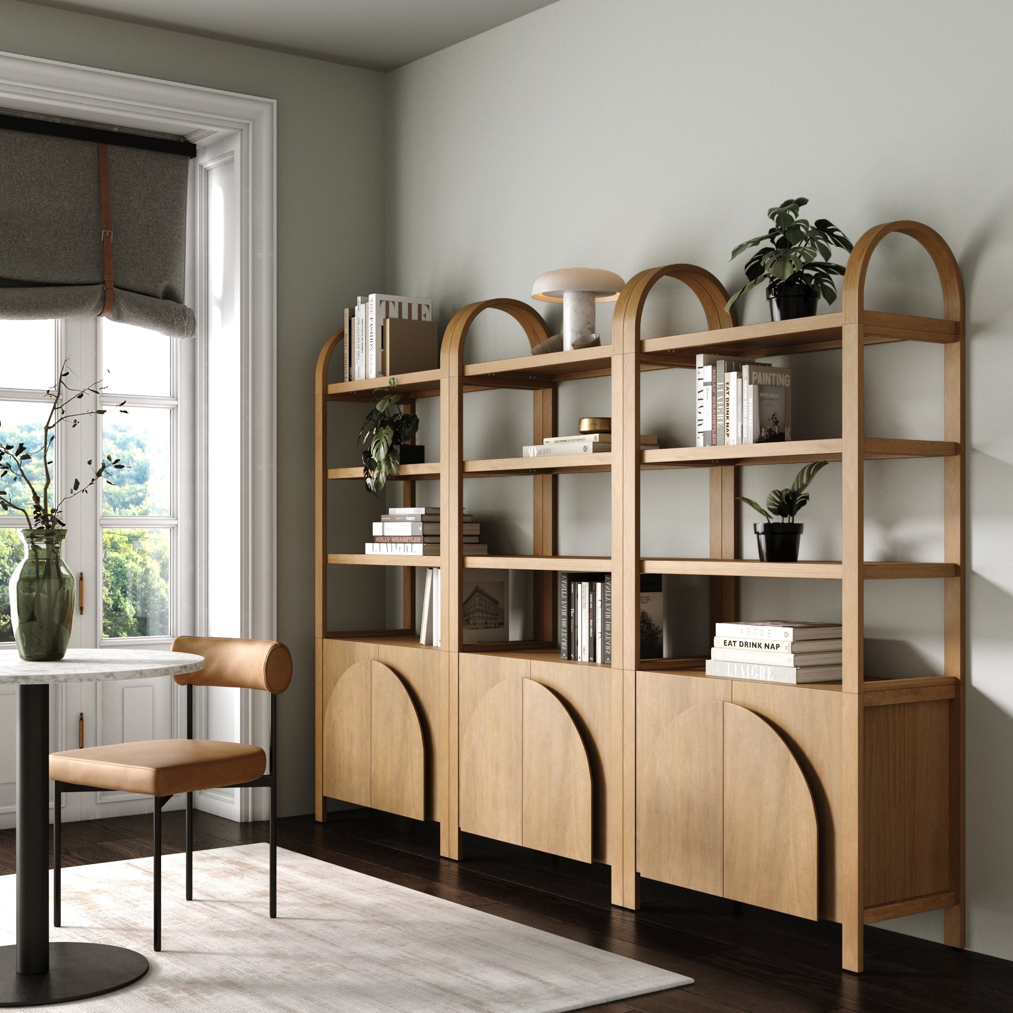 Mid-Century Arched Bookshelves with Doors