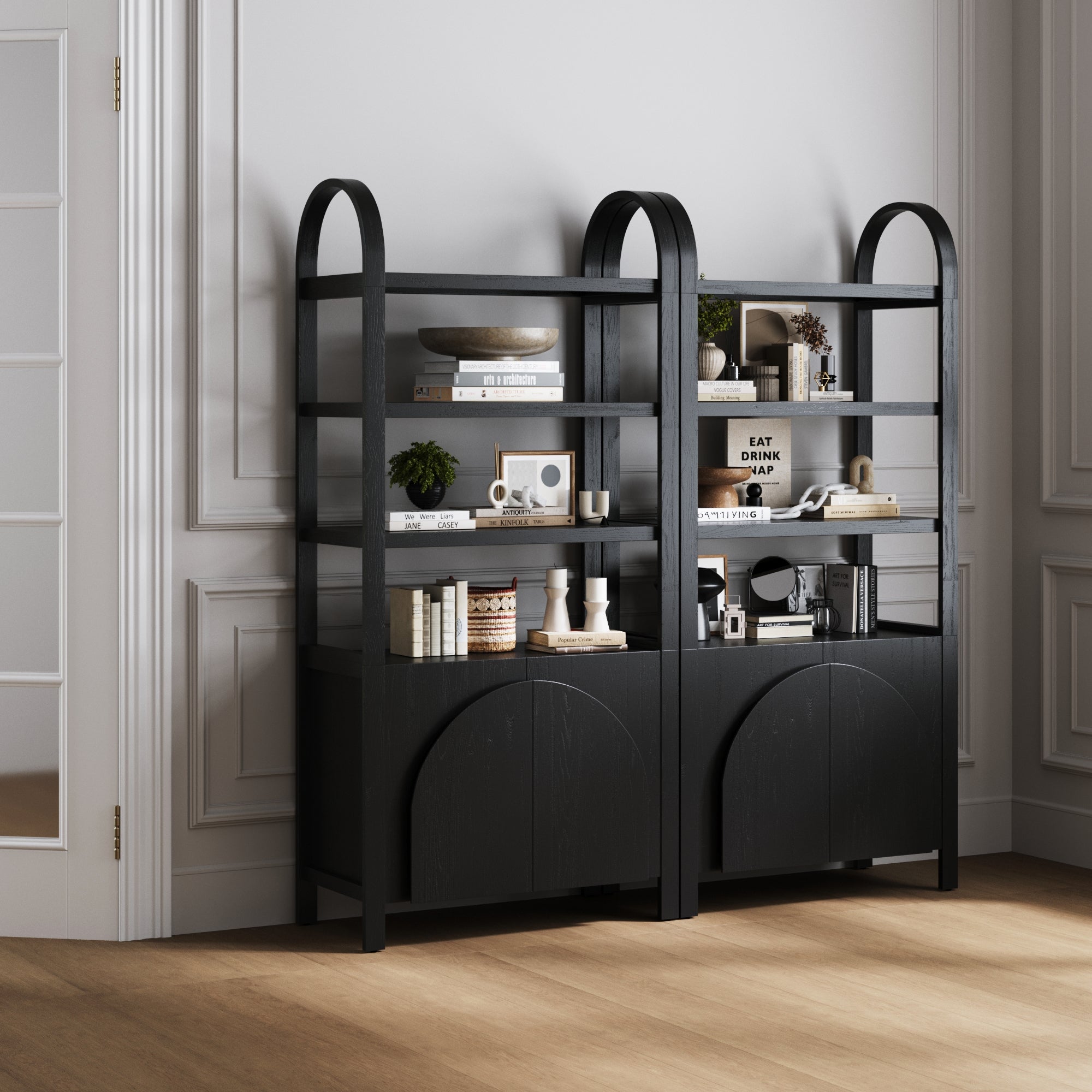 Mid-Century Arched Bookshelves with Doors