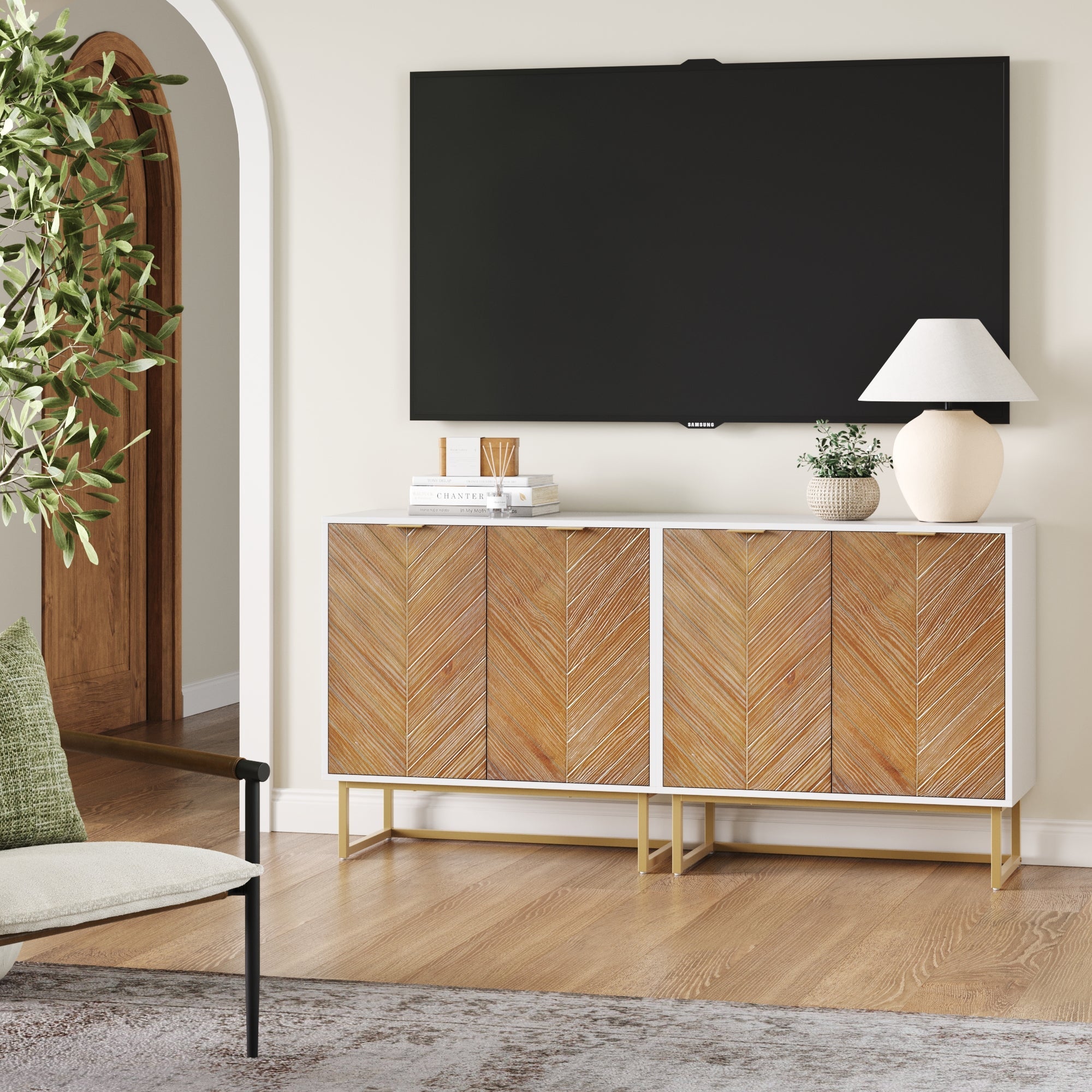 Wood Herringbone Storage Cabinet Credenza