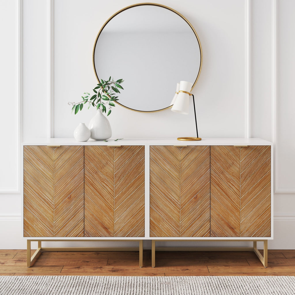 Wood Herringbone Storage Cabinet Credenza