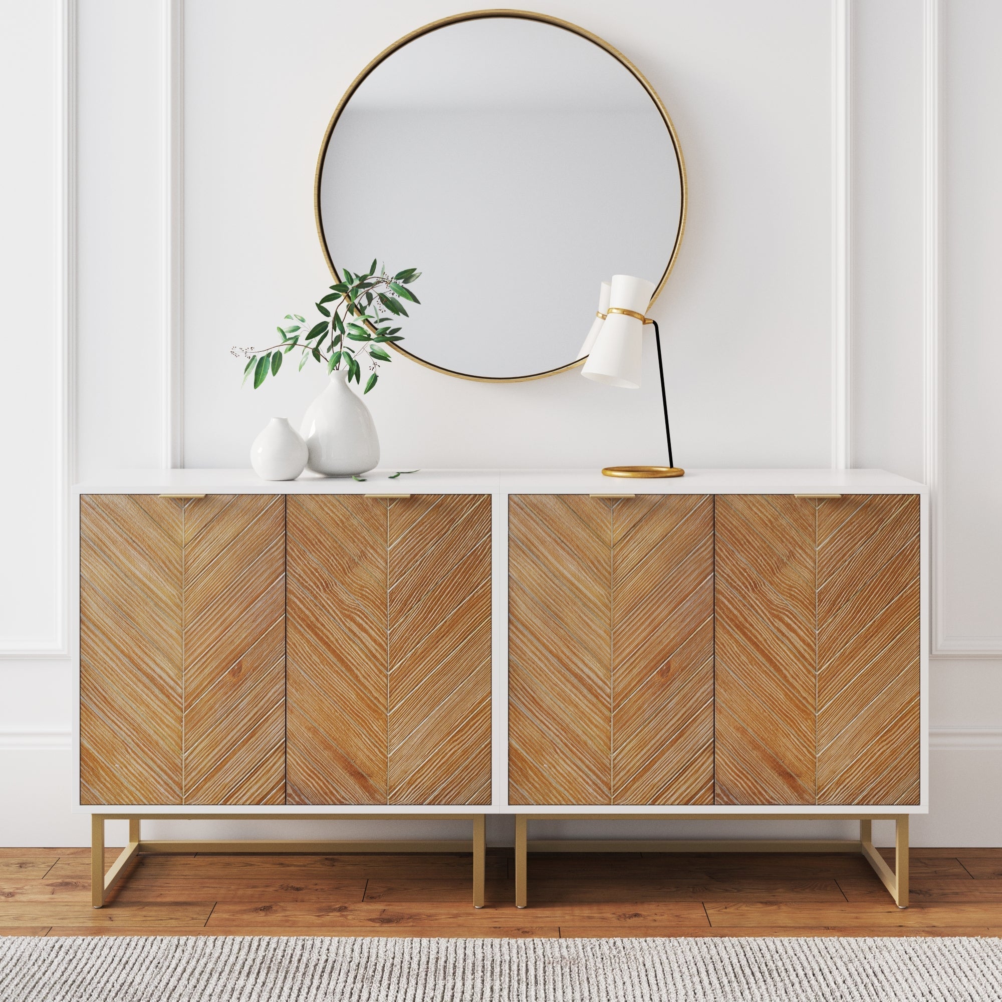 Wood Herringbone Storage Cabinet Credenza