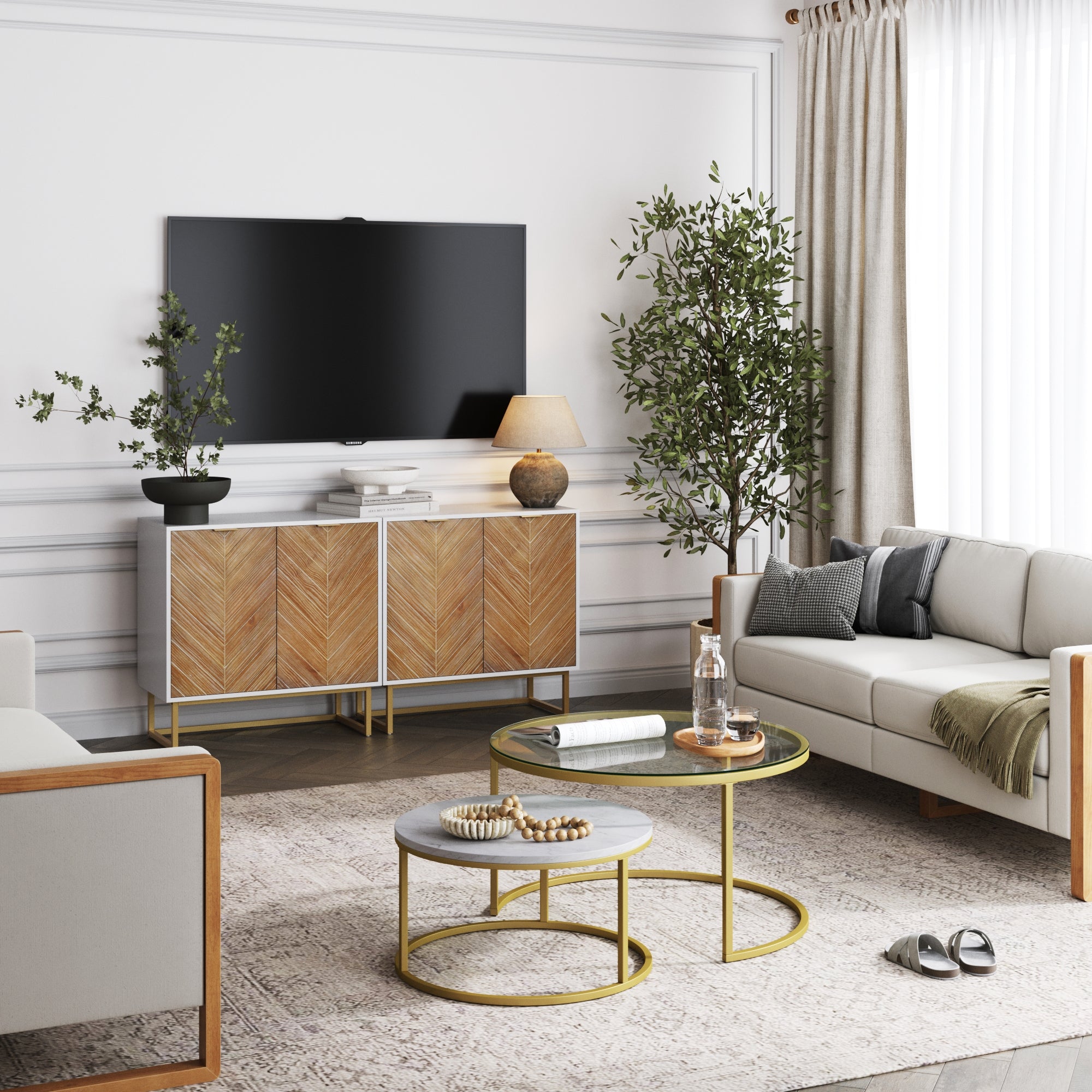 Wood Herringbone TV Console for TVs up to 65" Natural