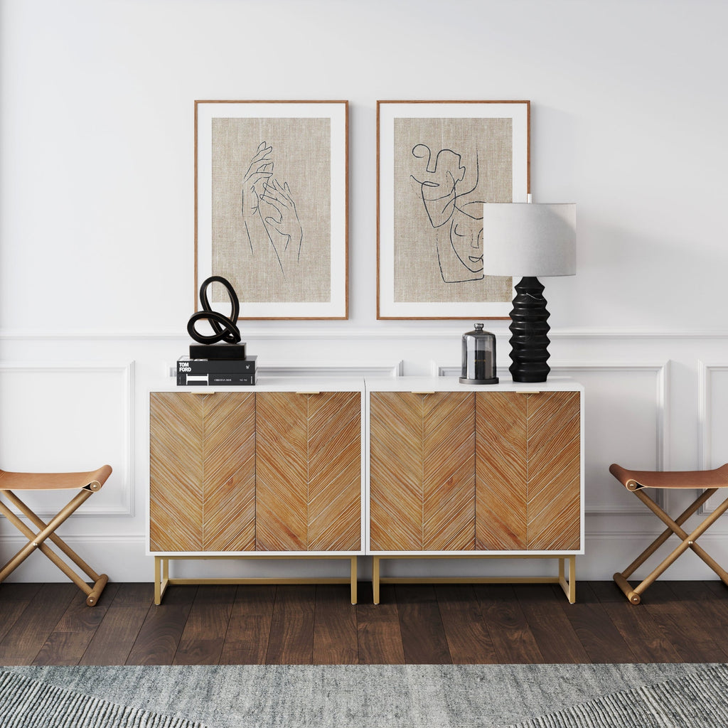 Wood Herringbone Storage Cabinet Credenza