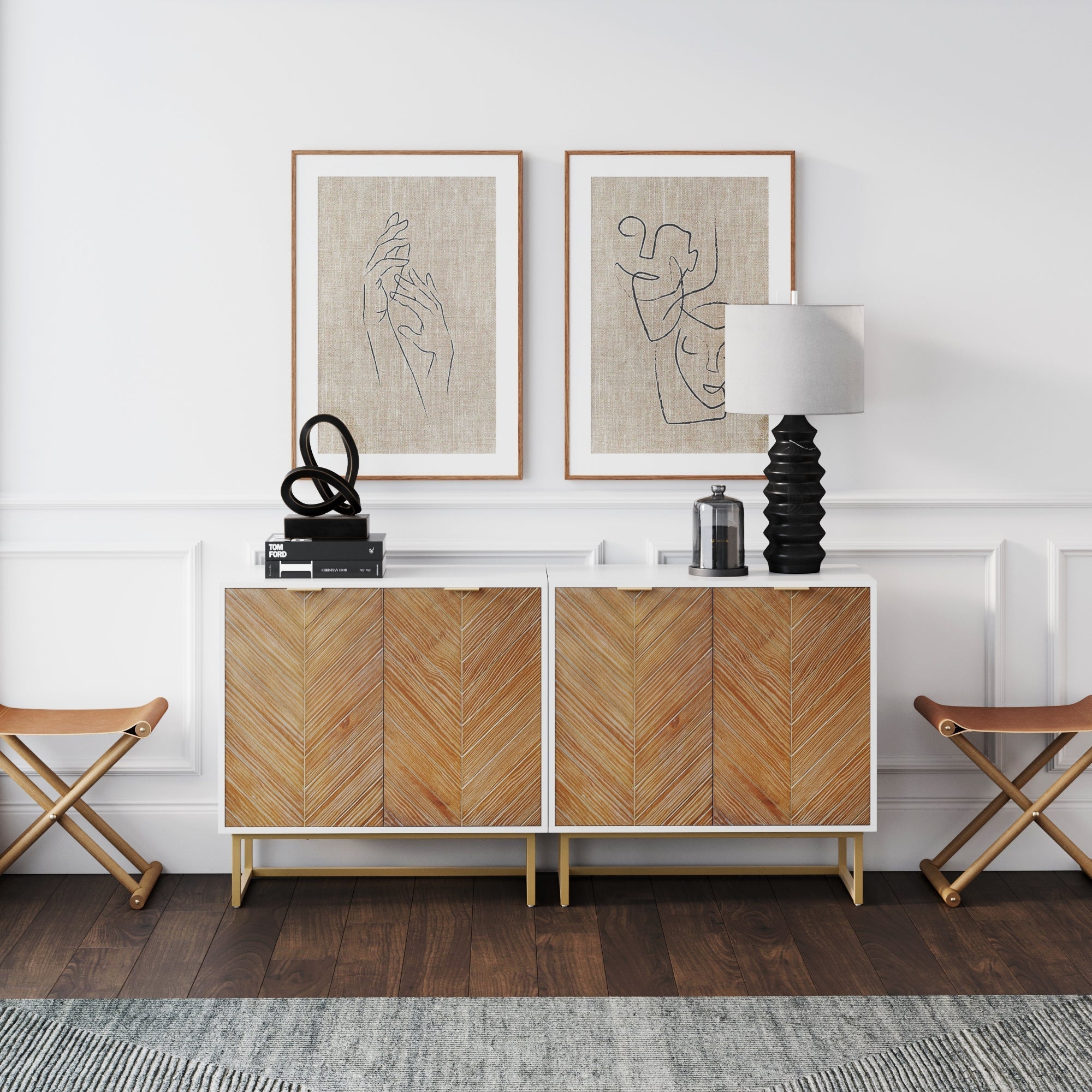 Wood Herringbone Storage Cabinet Credenza