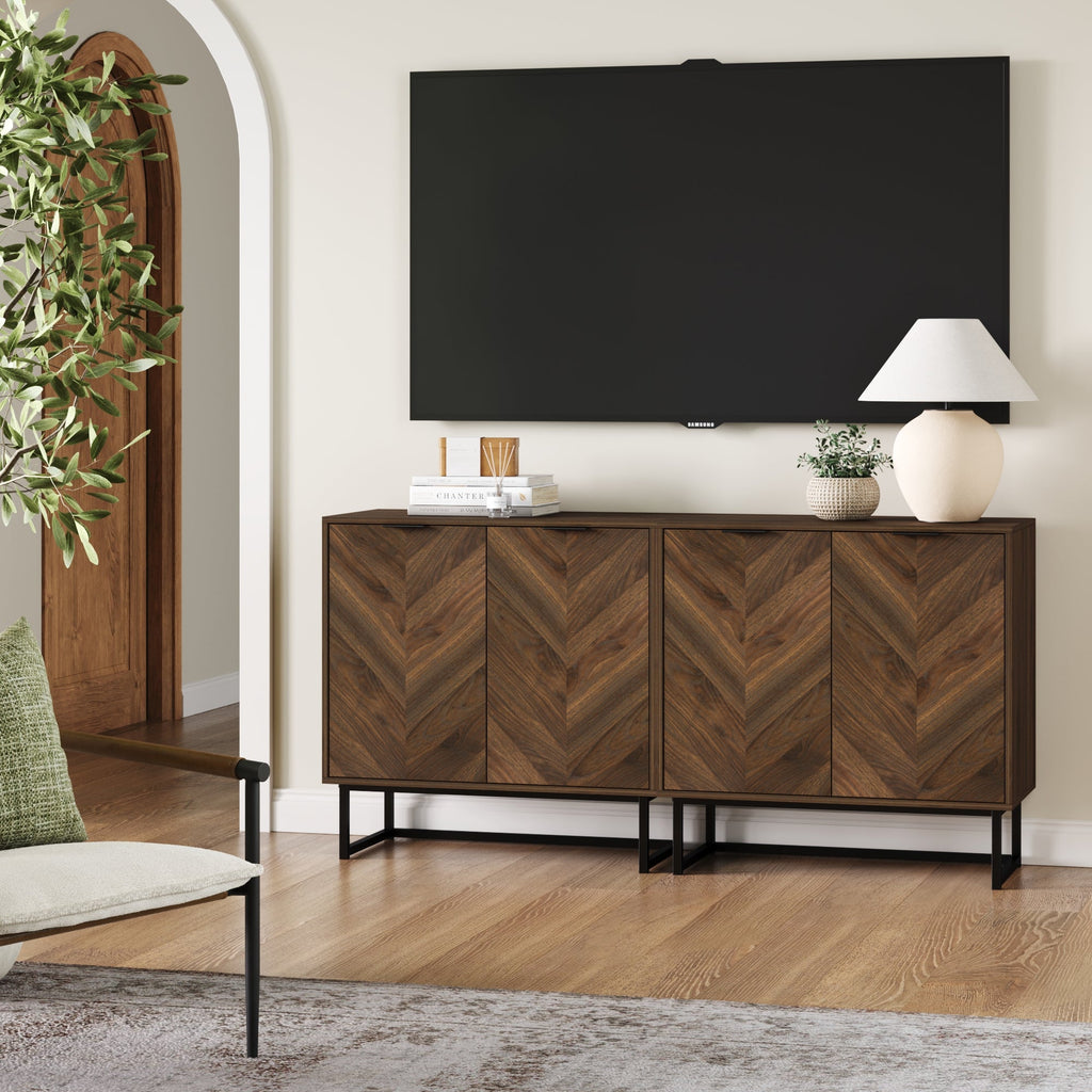 Wood Herringbone Storage Cabinet Credenza