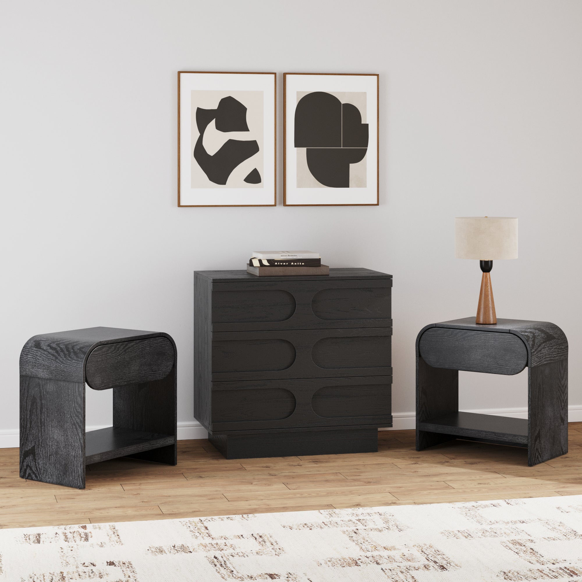 Mid-Century Arched Dresser and Two Nightstand Set
