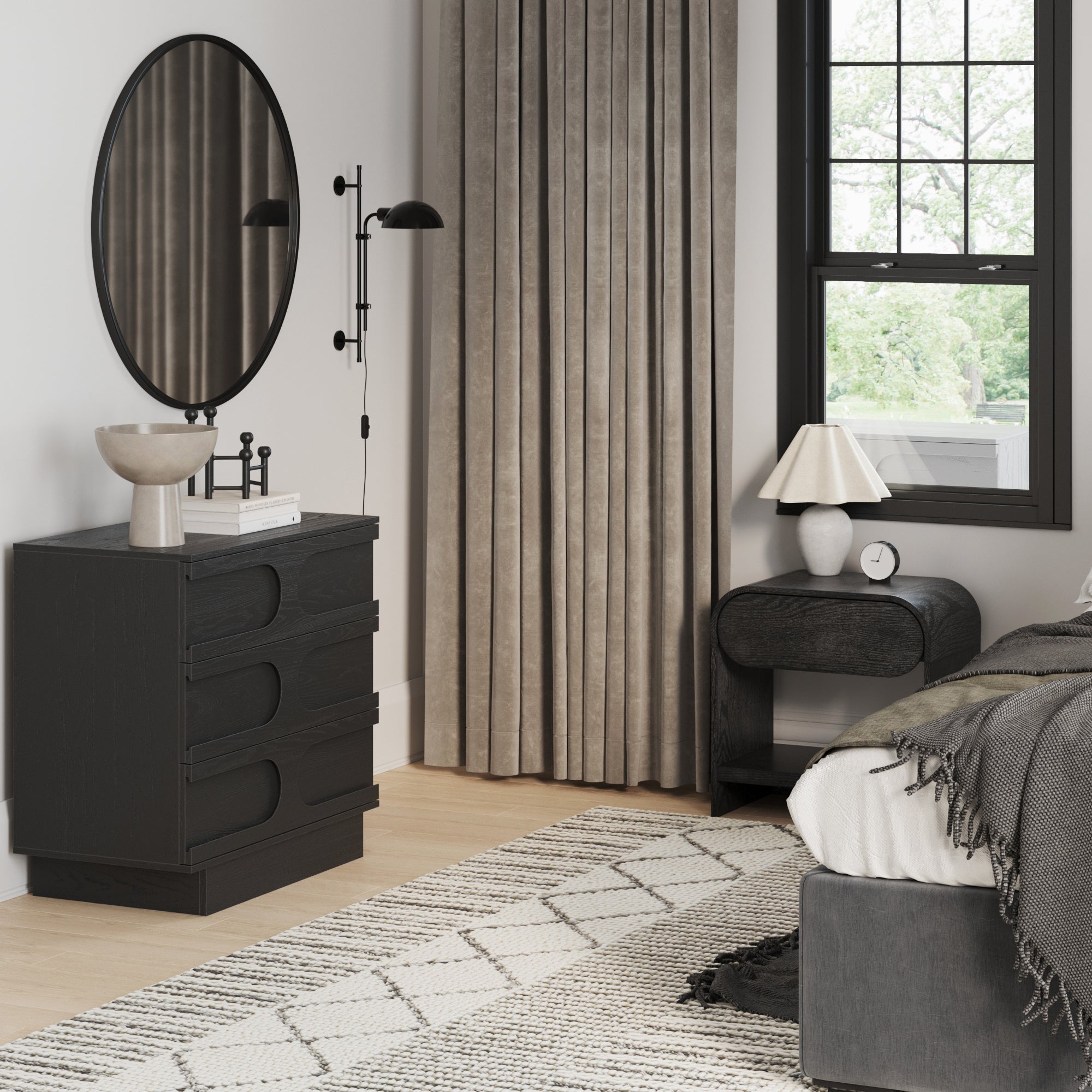 Mid-Century Arched Dresser and Two Nightstand Set