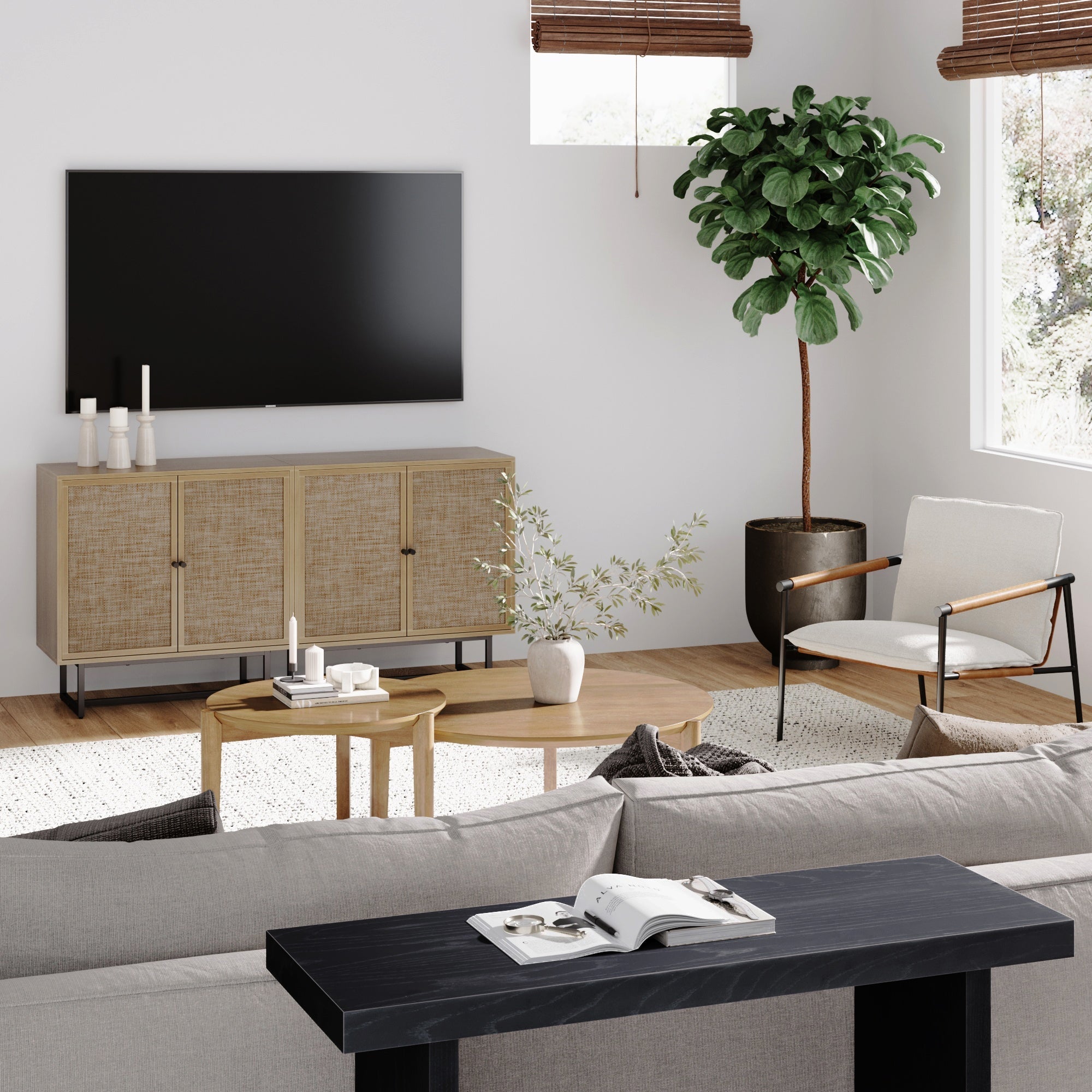 Metal and Rattan TV Stand Console for TVs up to 65"