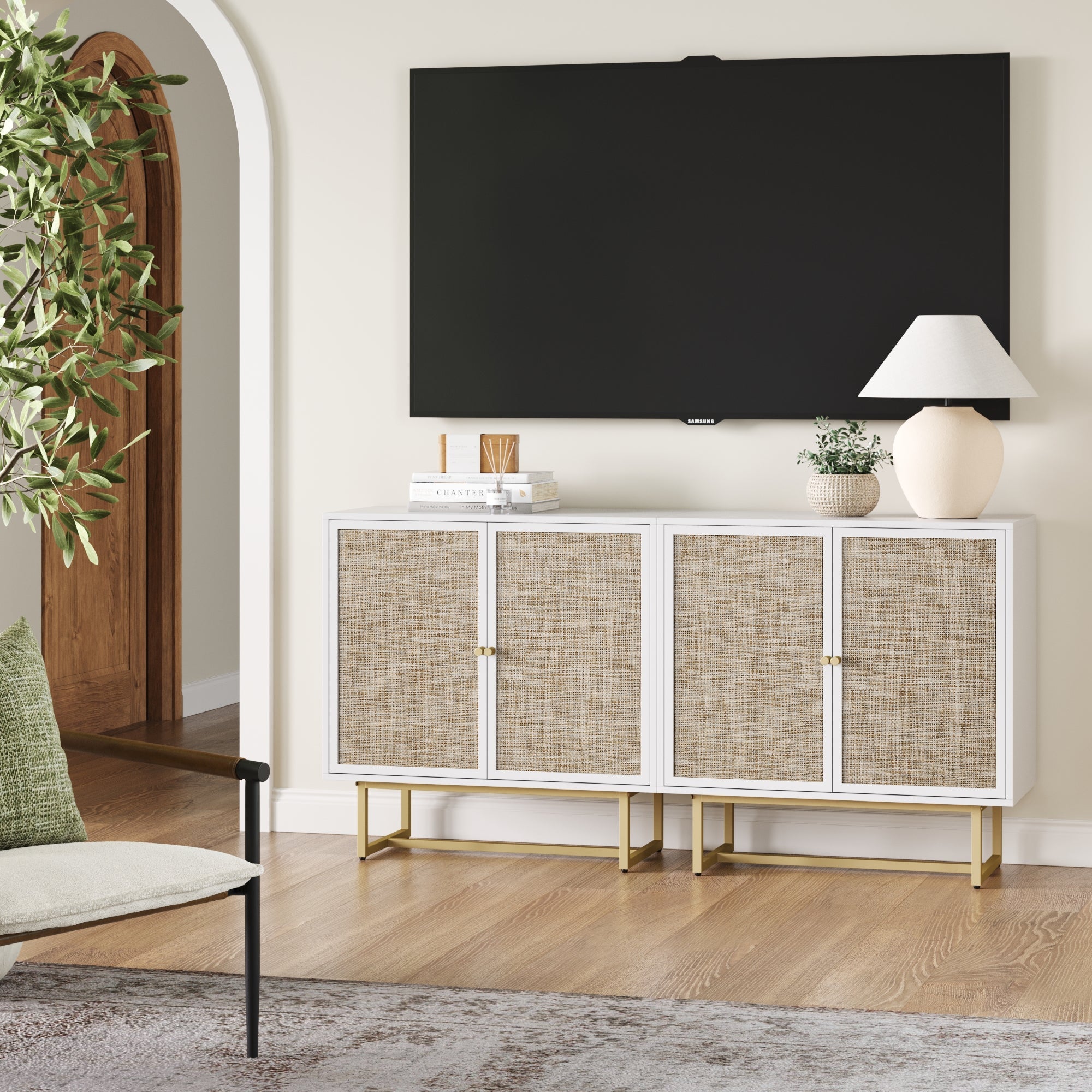 Metal and Rattan TV Stand Console for TVs up to 65"