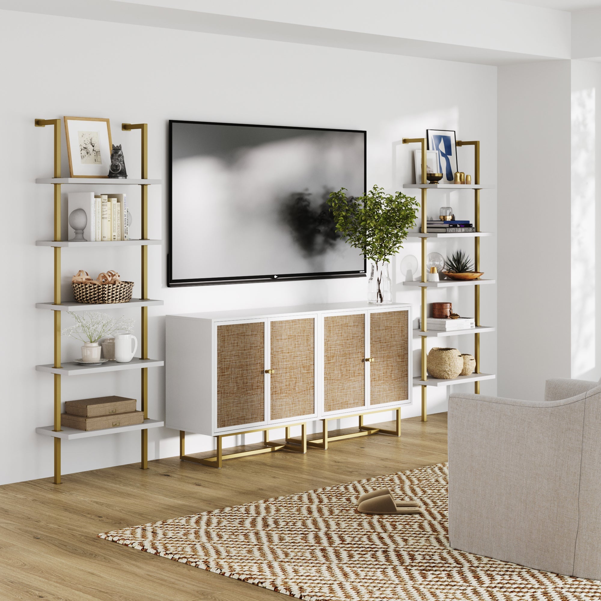 Modern Metal and Wood TV Entertainment Center with Bookcase (2 Cabinets)