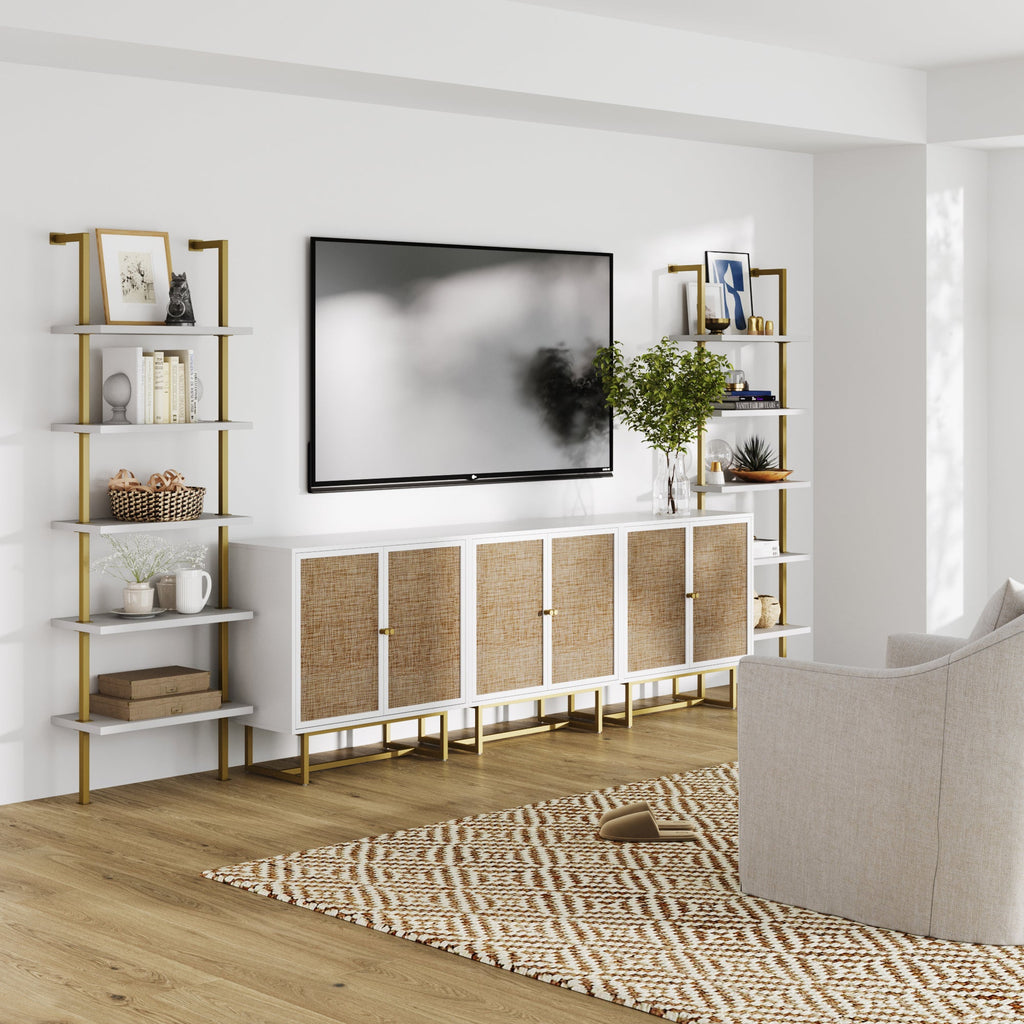 Modern Metal and Wood TV Entertainment Center with Bookcase (3 Cabinets)