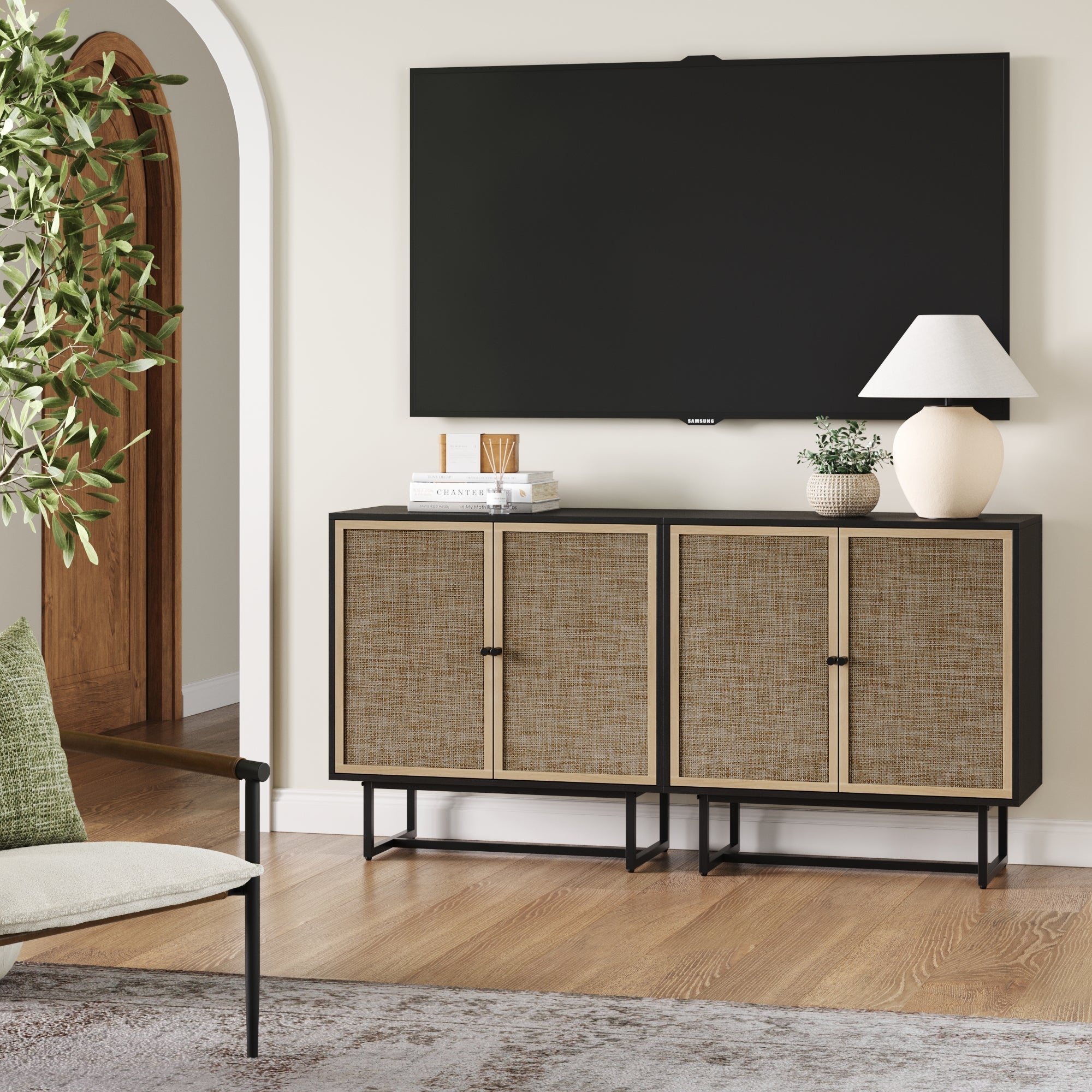 Metal and Rattan TV Stand Console for TVs up to 65"