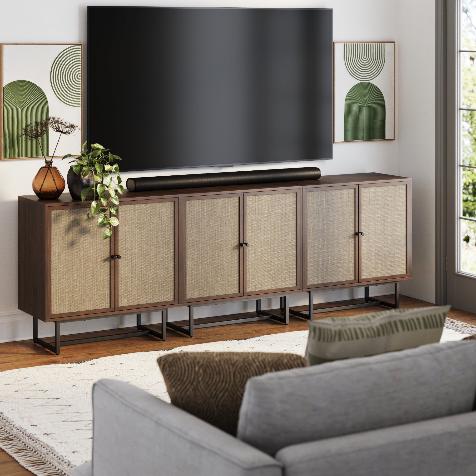 Metal and Rattan TV Stand Console for TVs up to 75"