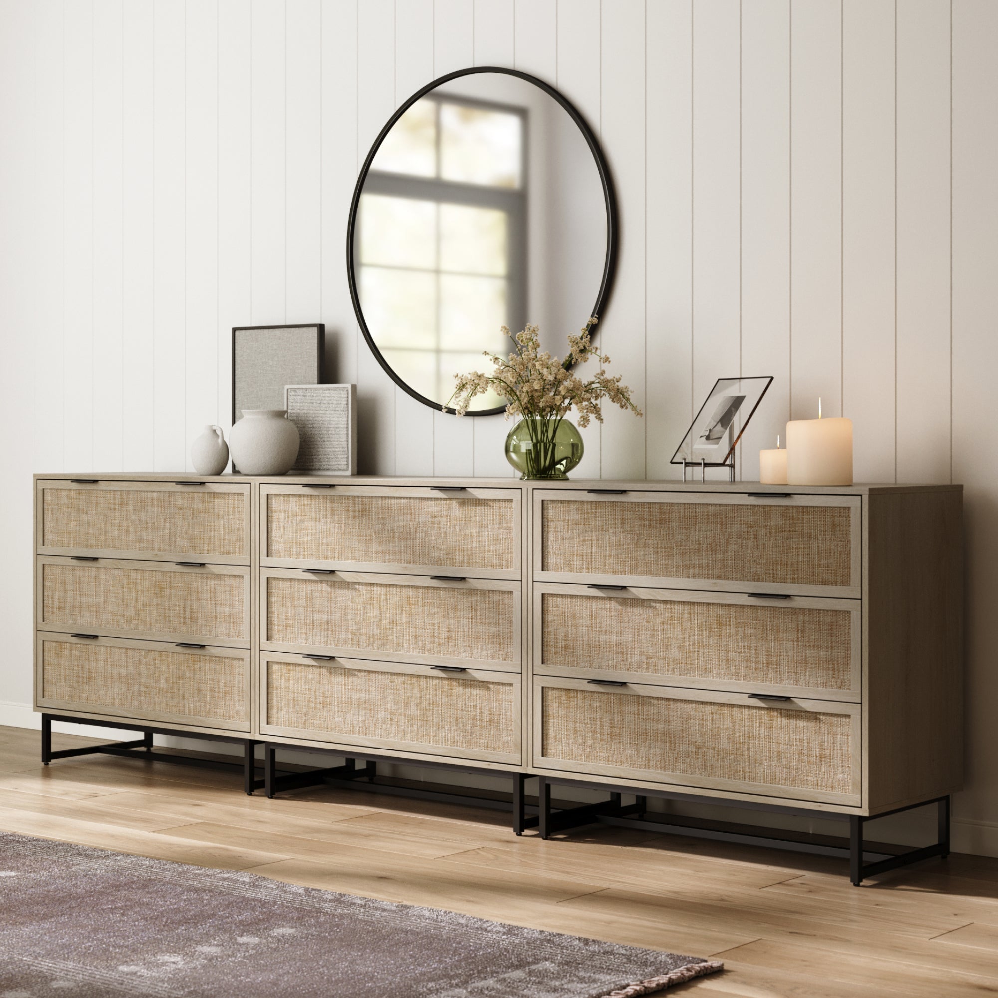 Rattan, Wood & Metal 3-Drawer Large Dresser