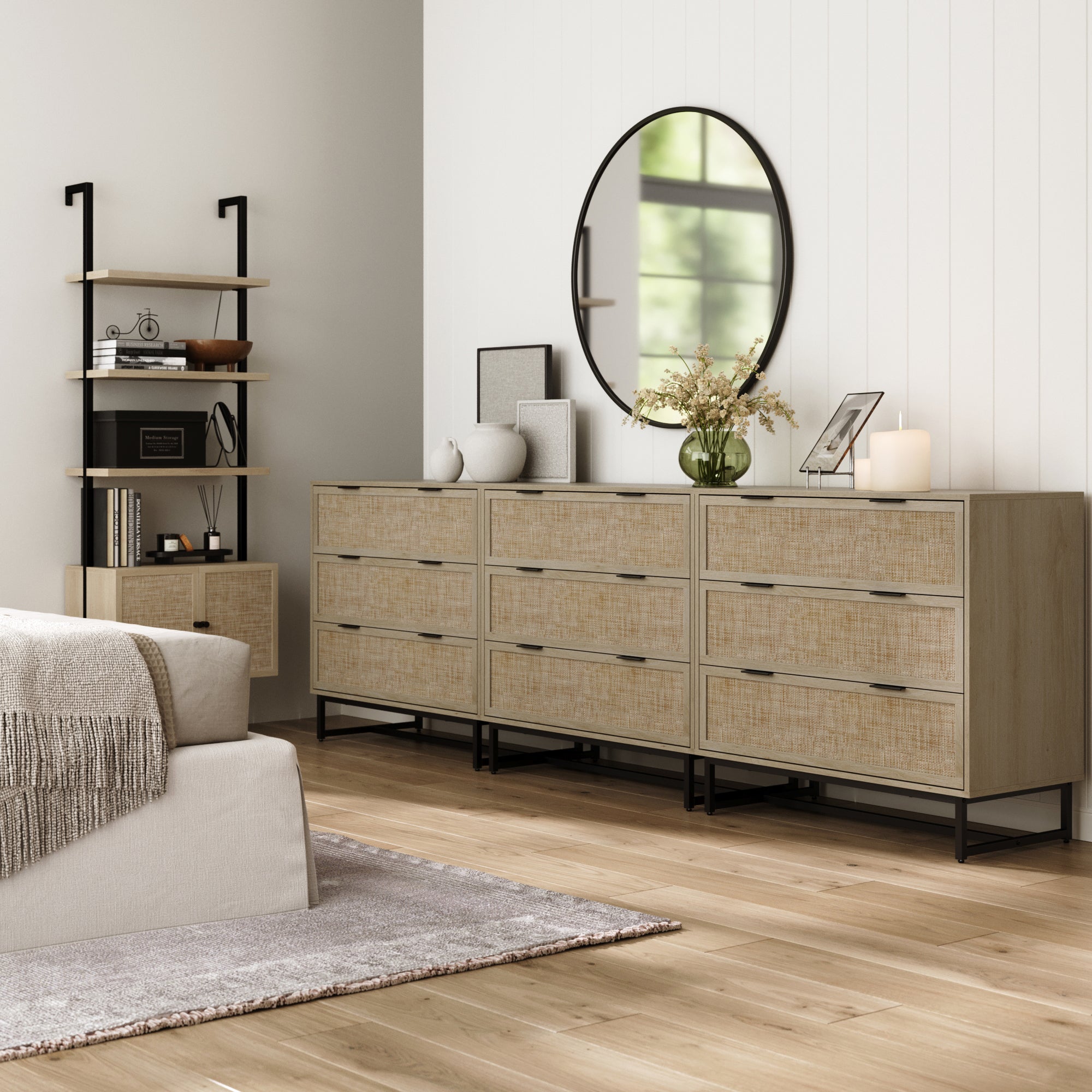 Rattan, Wood & Metal 3-Drawer Large Dresser