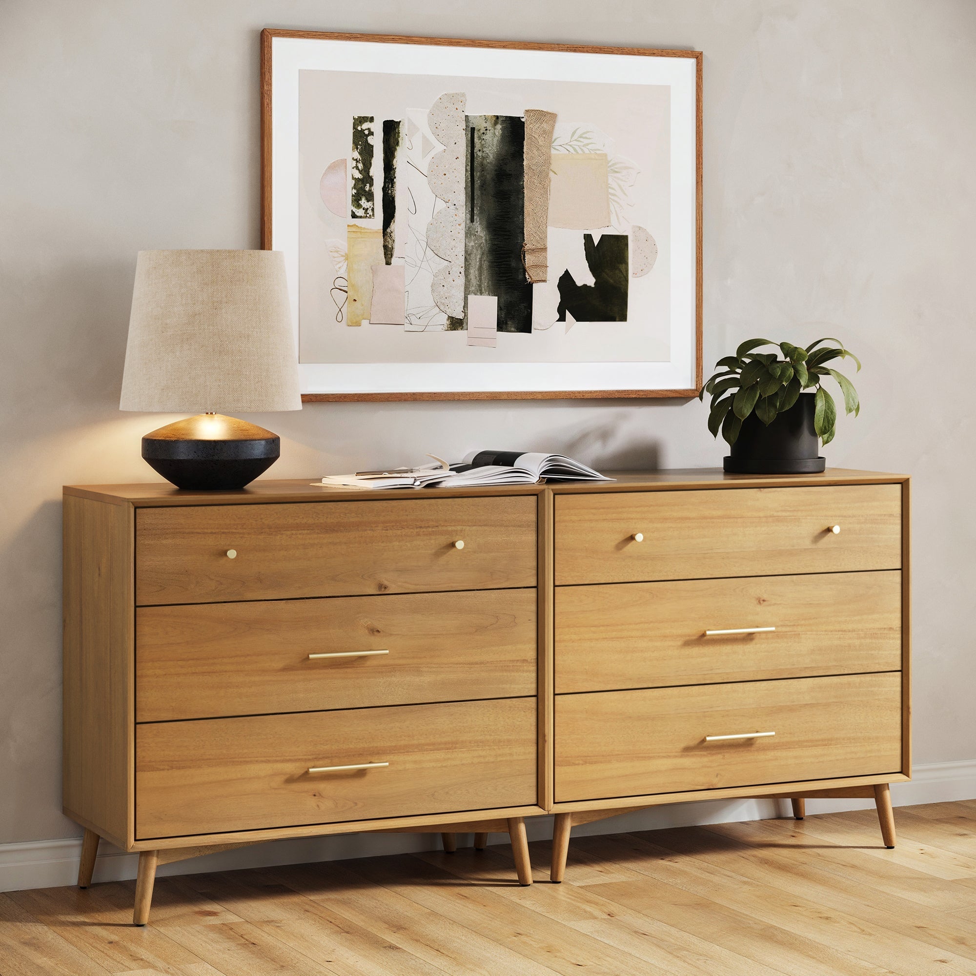 Mid-Century Modern Acacia 3 Drawer Dresser Set of 2