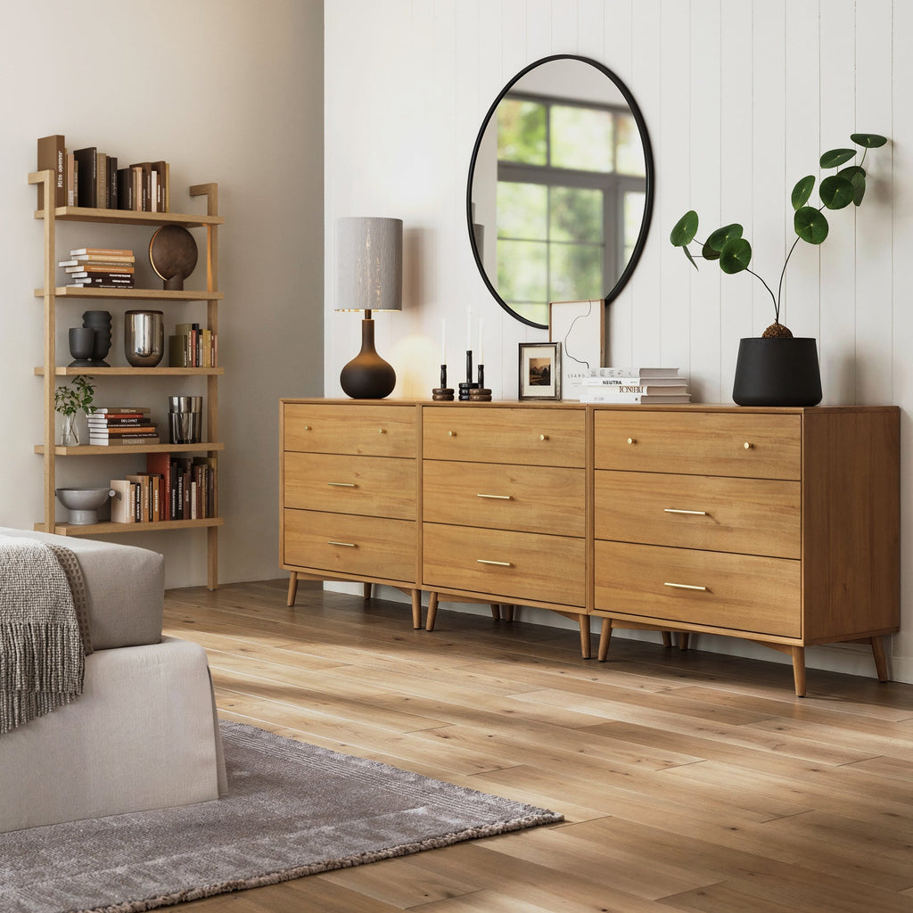 Mid-Century Modern Acacia 3 Drawer Dresser Set of 3