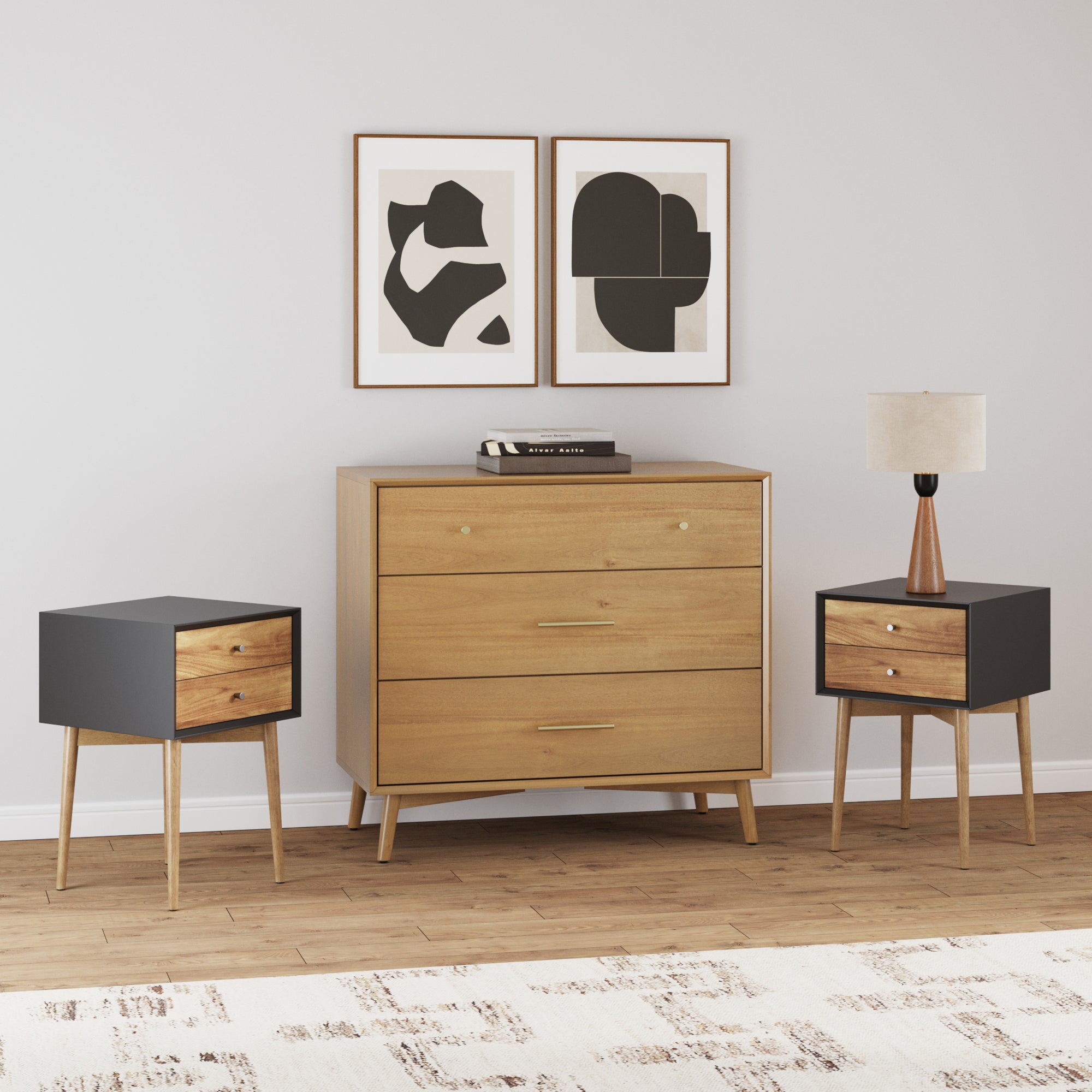 Wooden Dresser and 2 Nightstand Set Light