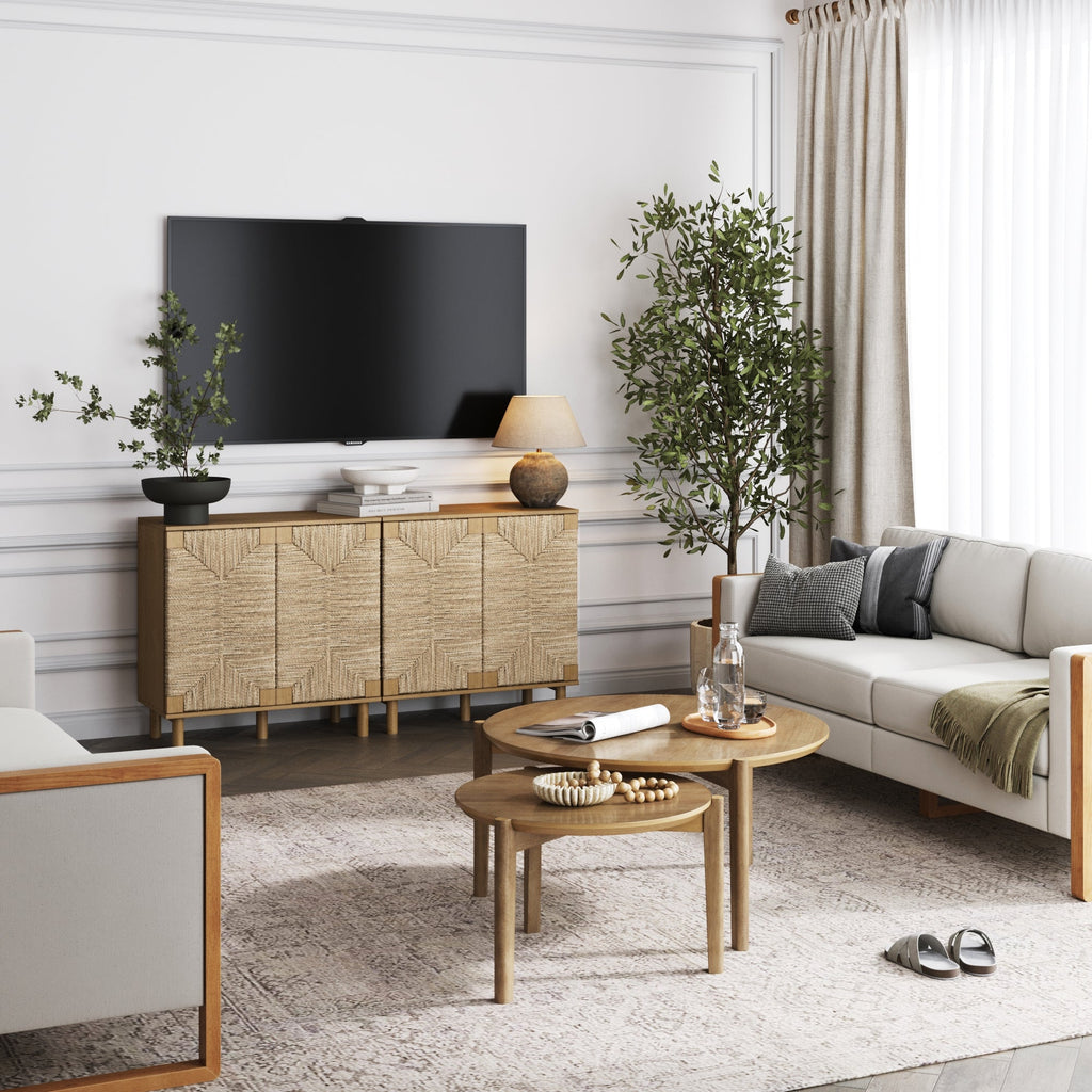Wood TV Console for TVs up to 65" with Seagrass Doors