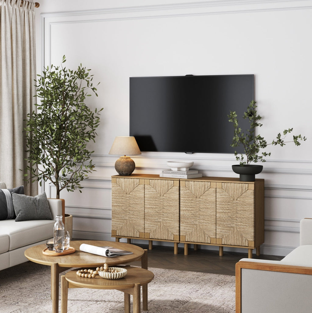 Wood TV Console for TVs up to 65" with Seagrass Doors