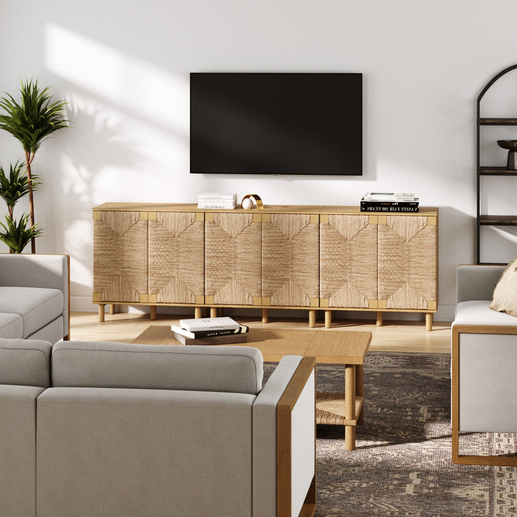 Wood TV Console for TVs up to 75" with Seagrass Doors
