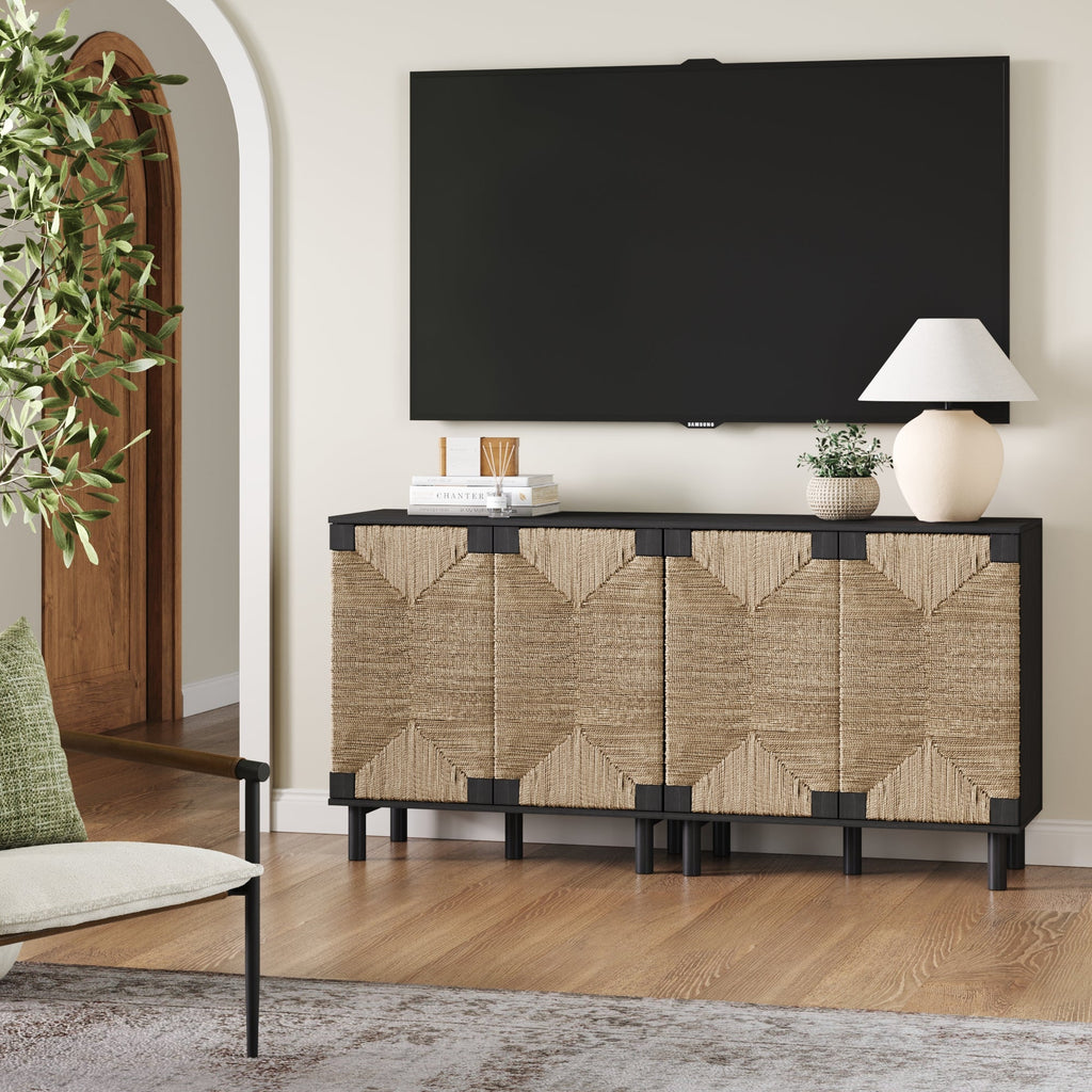 Wood TV Console for TVs up to 65" with Seagrass Doors