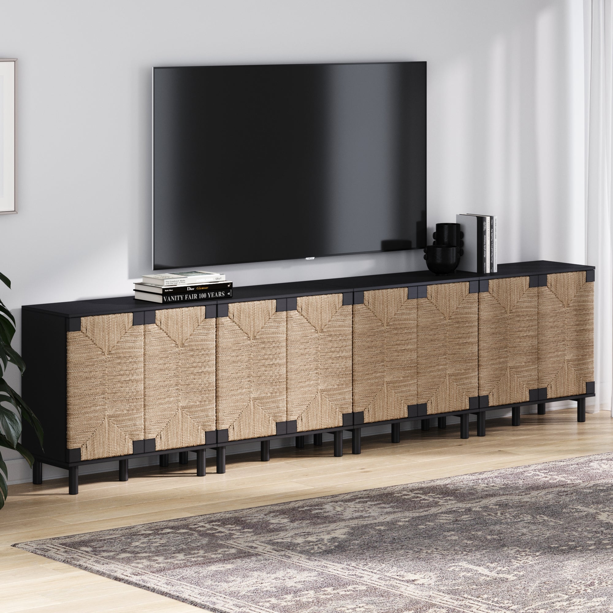 Wood TV Console for TVs up to 100" with Seagrass Doors