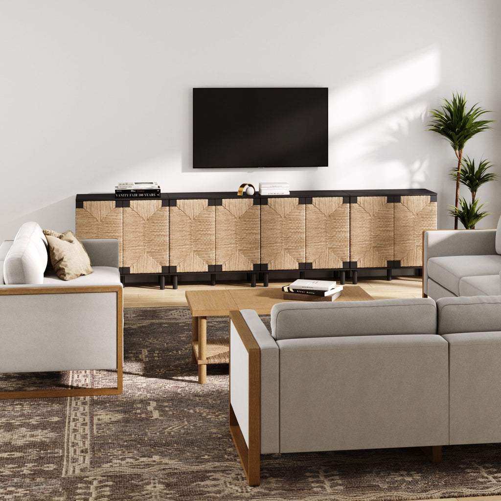 Wood TV Console for TVs up to 100" with Seagrass Doors