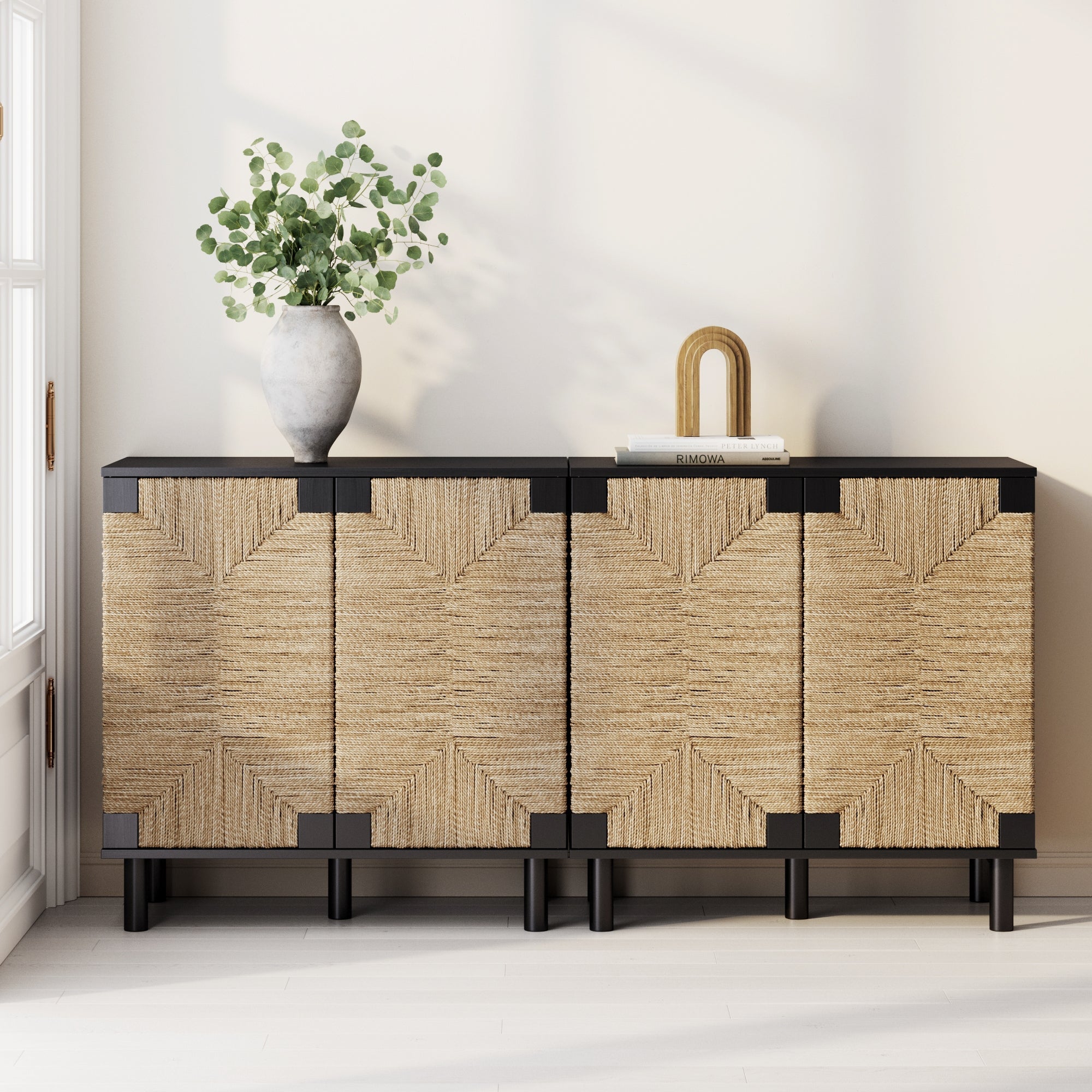 Wood TV Console for TVs up to 65" with Seagrass Doors