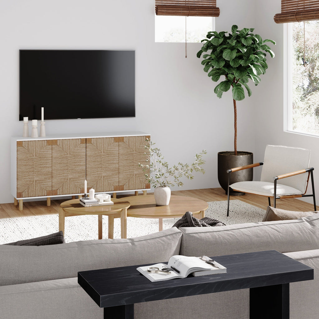 Wood TV Console for TVs up to 65" with Seagrass Doors