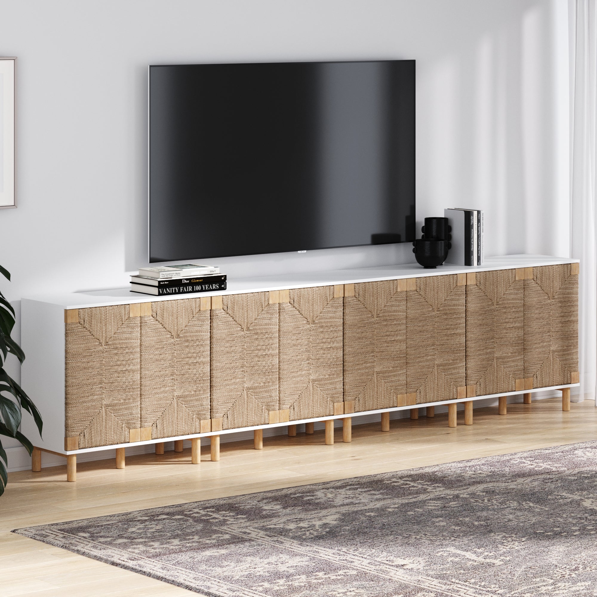 Wood TV Console for TVs up to 100" with Seagrass Doors