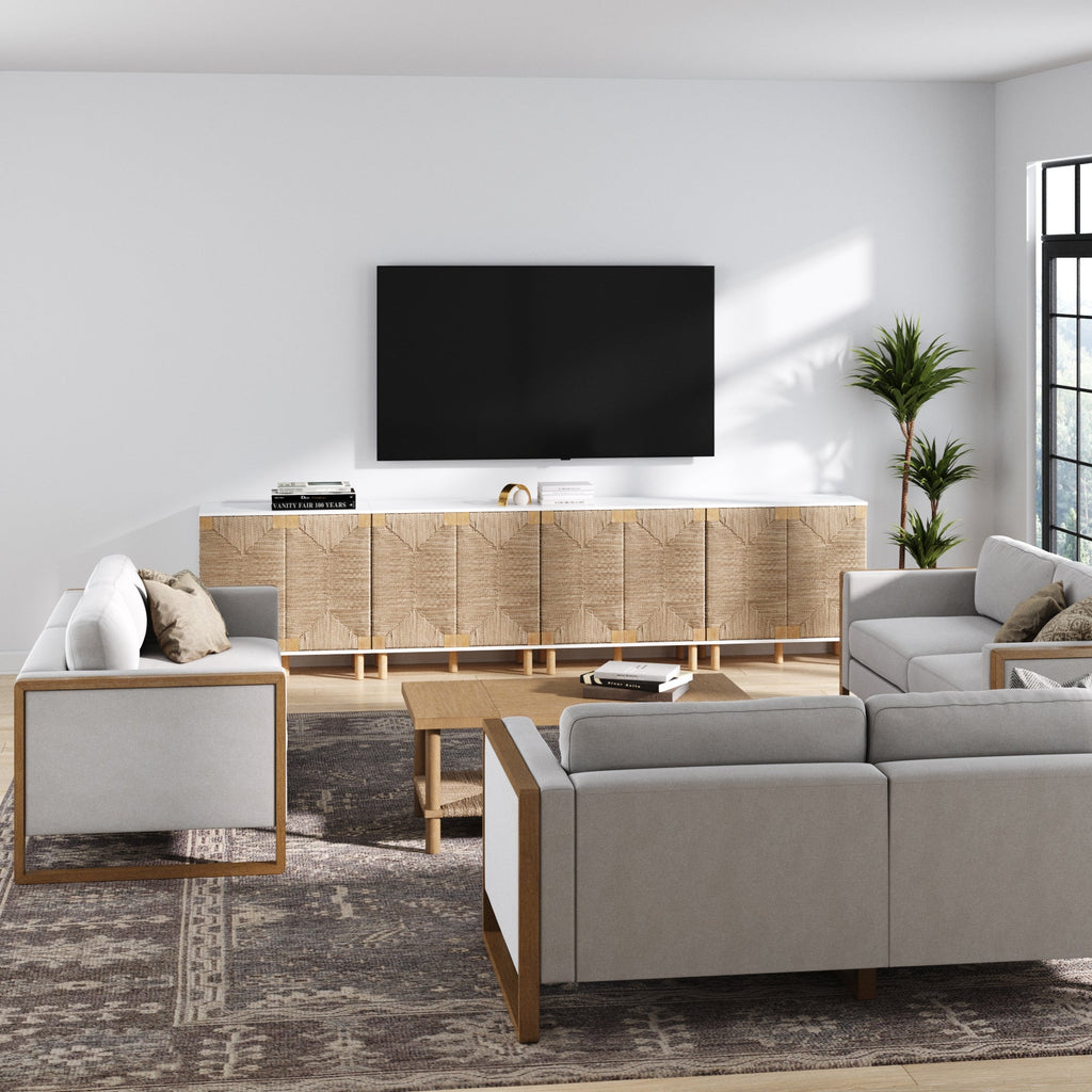 Wood TV Console for TVs up to 100" with Seagrass Doors