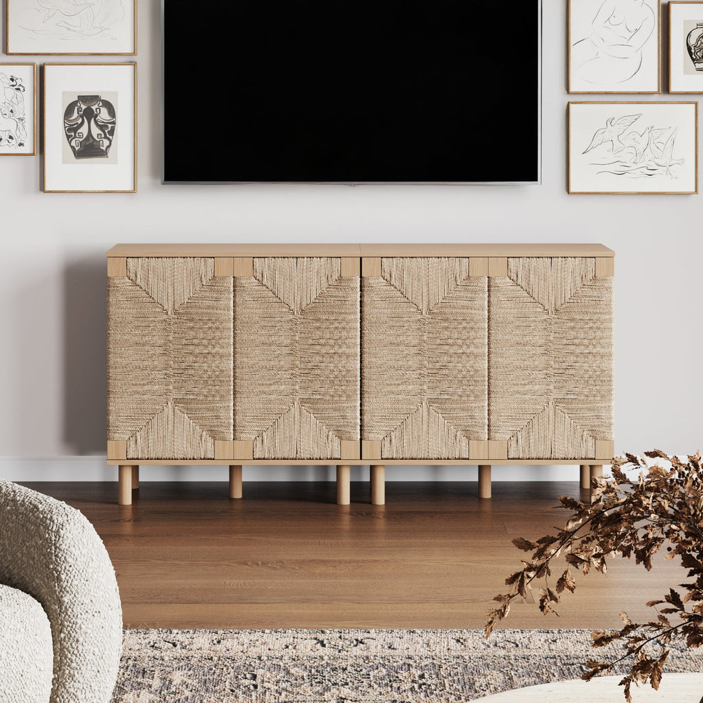 Wood TV Console for TVs up to 65" with Seagrass Doors