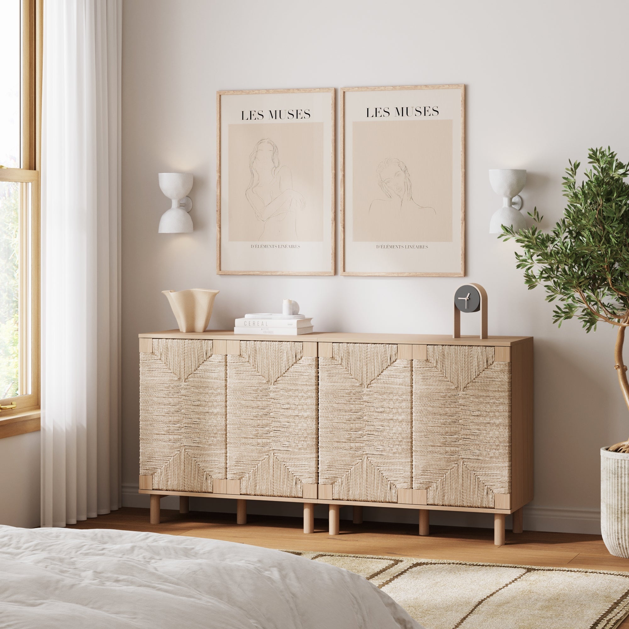Wood TV Console for TVs up to 65" with Seagrass Doors