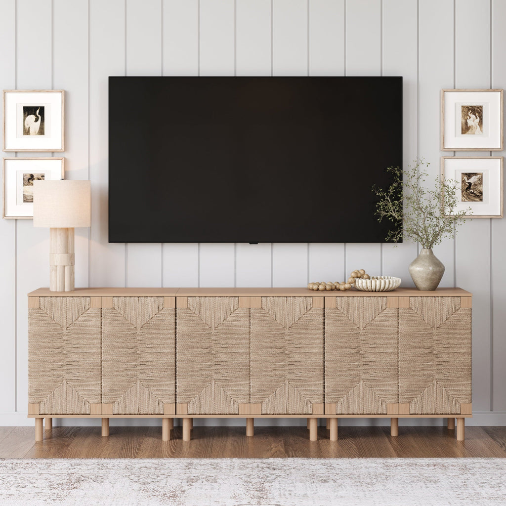 Wood TV Console for TVs up to 75" with Seagrass Doors