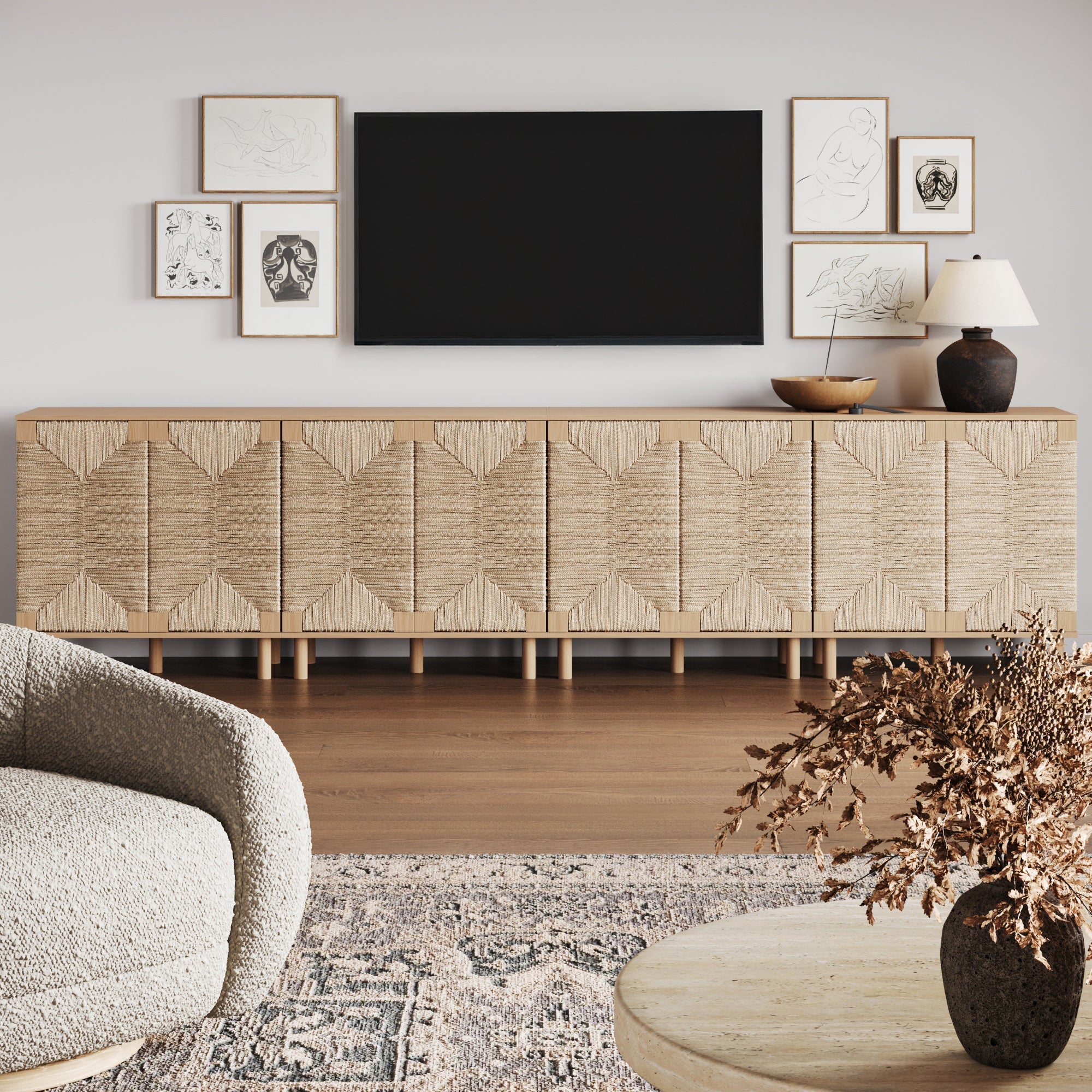 Wood TV Console for TVs up to 100" with Seagrass Doors