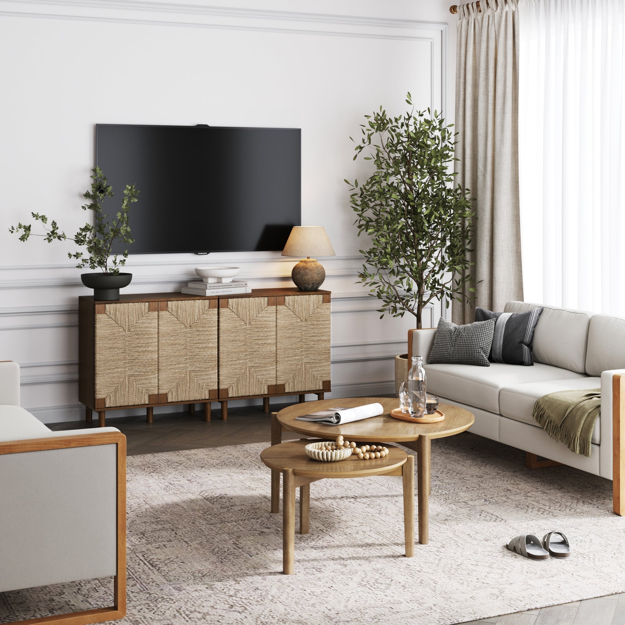 Wood TV Console for TVs up to 65" with Seagrass Doors