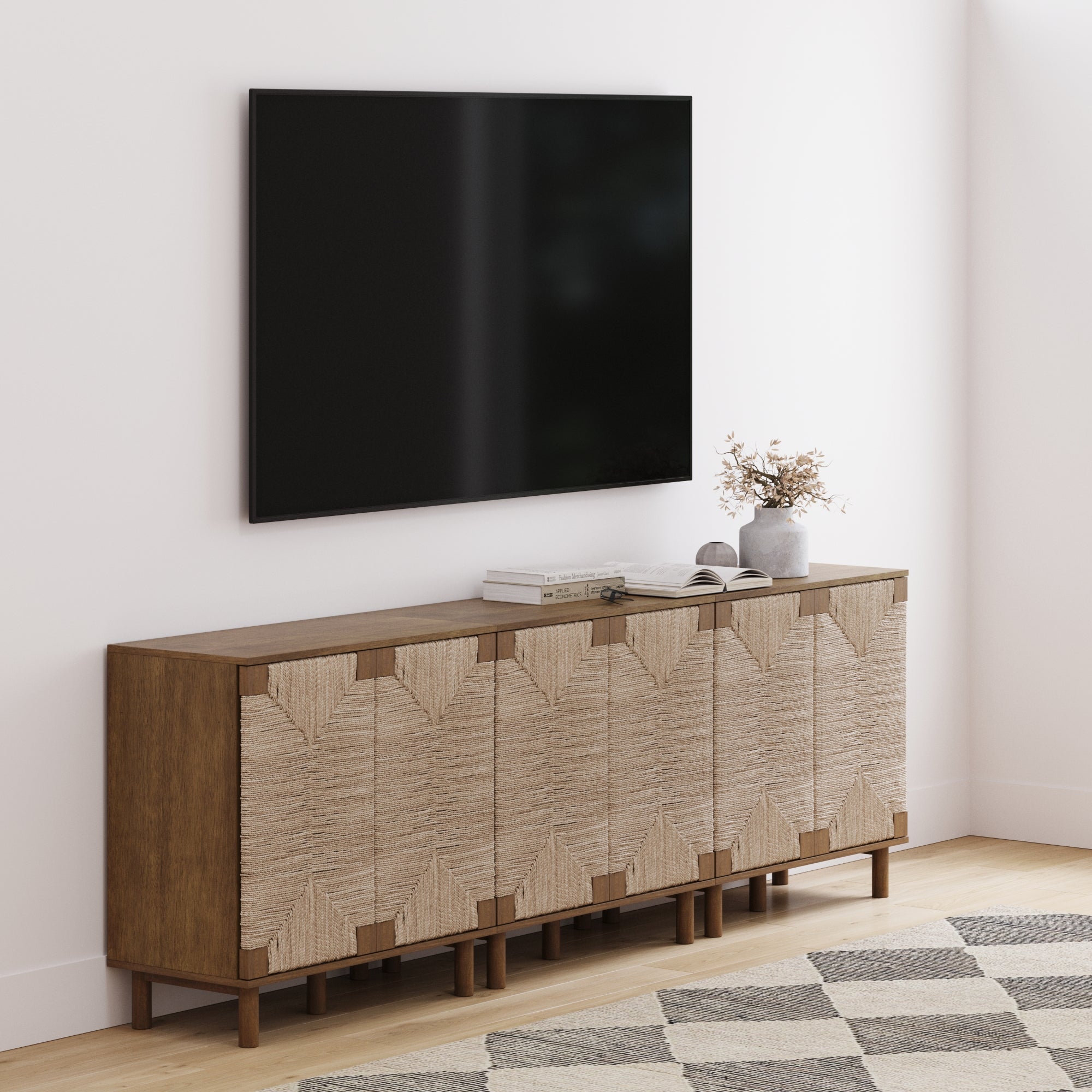 Wood TV Console for TVs up to 75" with Seagrass Doors