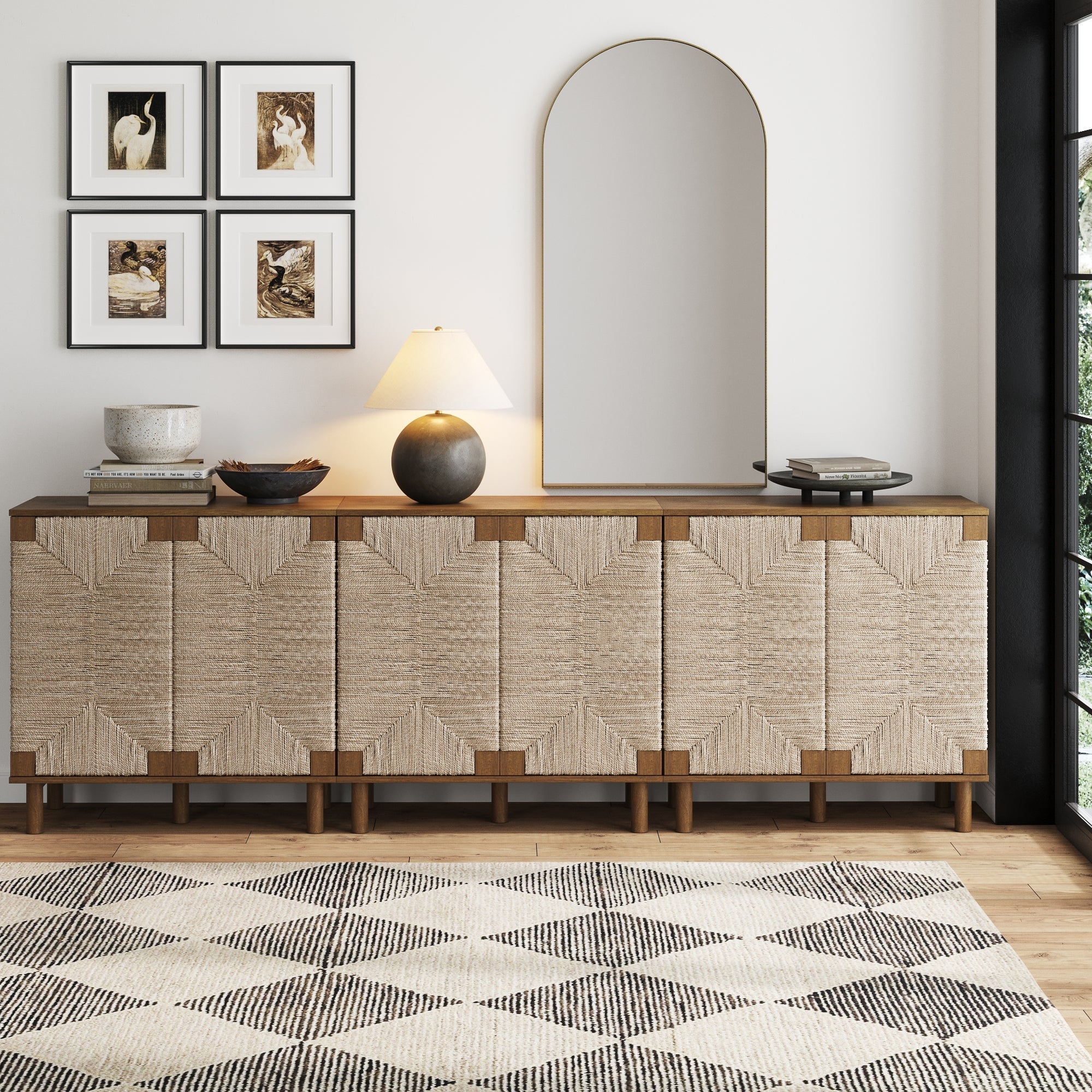 Wood TV Console for TVs up to 75" with Seagrass Doors